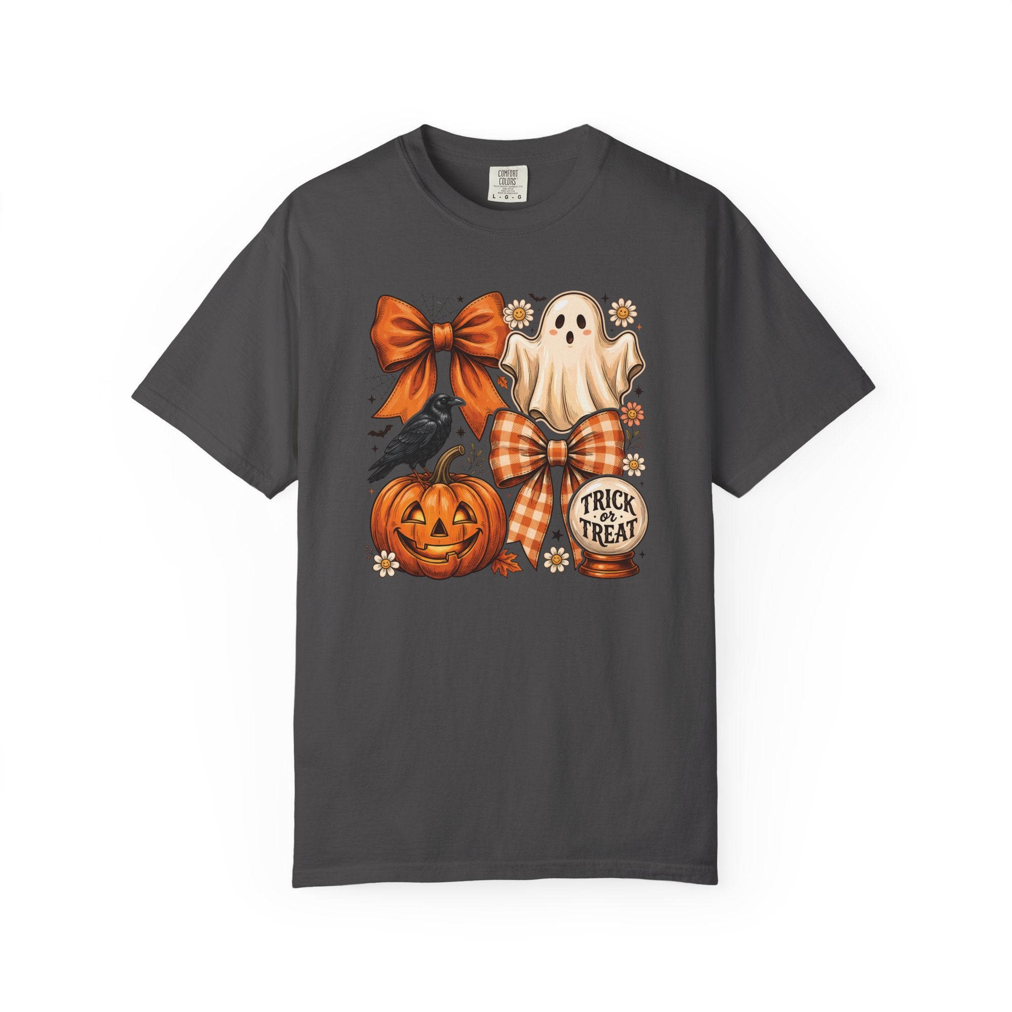 Halloween Cute Ghost & Pumpkin T-Shirt — Trick or Treat Bow Design