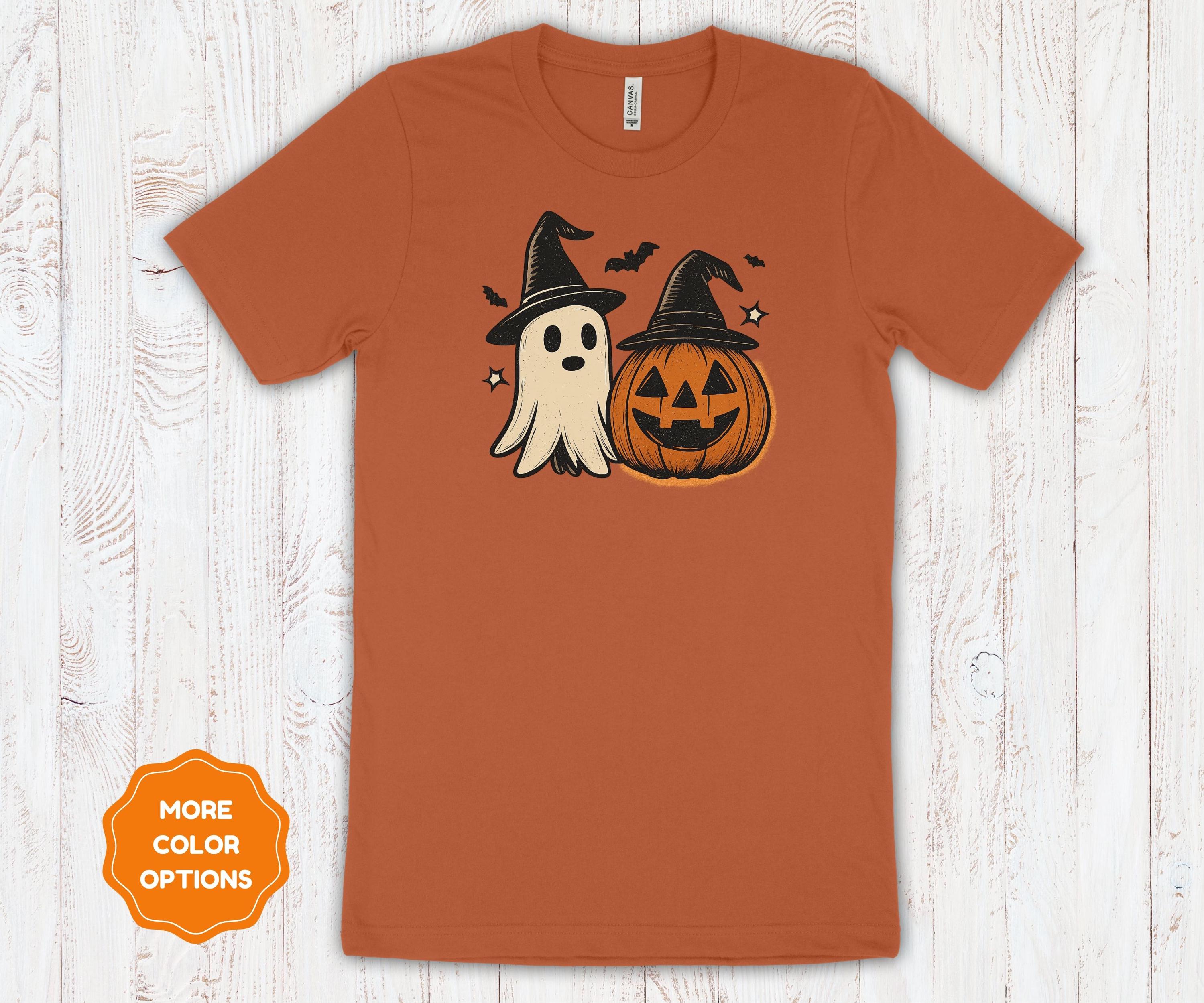 Ghost And Pumpkin Halloween T-Shirt   Vintage Distressed Witch Hat Graphic Tee   Spooky Fall Shirt for Halloween Party