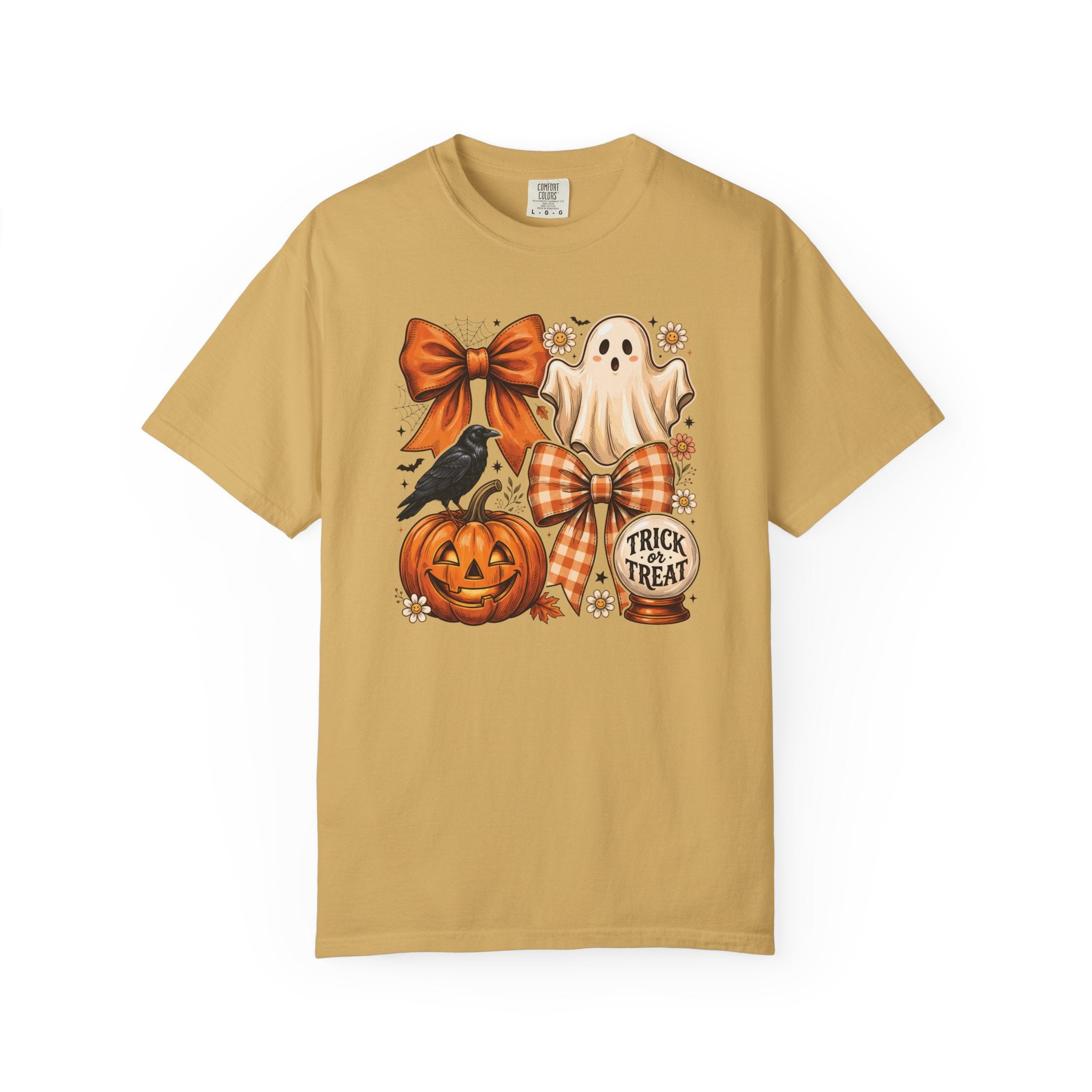 Halloween Cute Ghost & Pumpkin T-Shirt — Trick or Treat Bow Design