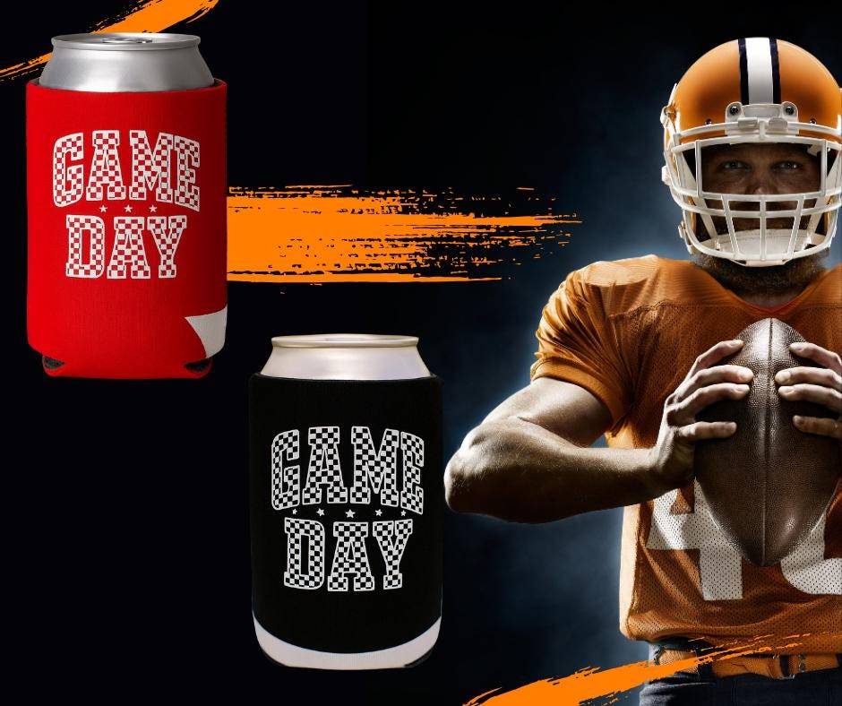 Game Day Can Cooler Sleeve, Party Beverage Holder, Tailgating Accessory, Sports Fan Gift, Outdoor BBQ Cooler