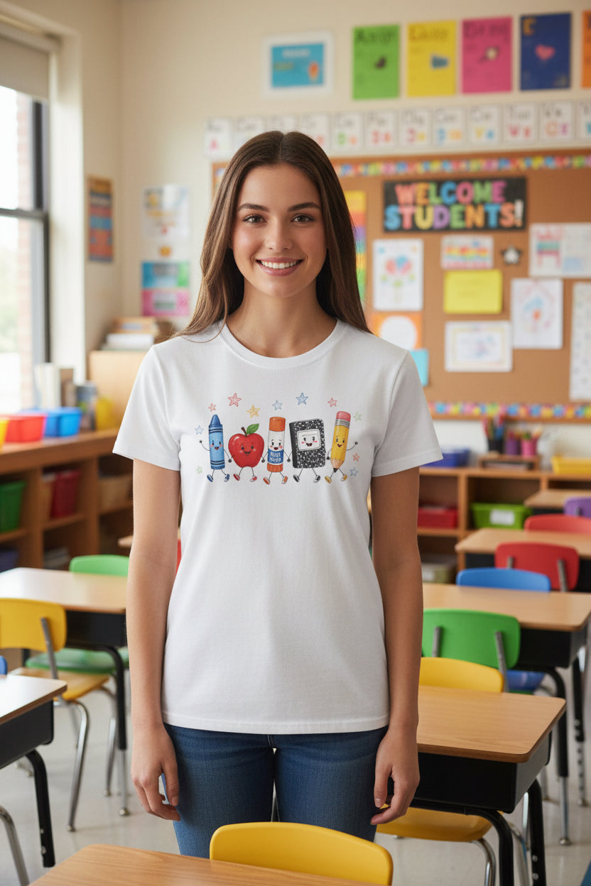 Back-to-School T-Shirt — Cute School Supplies Lineup (Apple, Crayon, Glue, Notebook, Pencil)