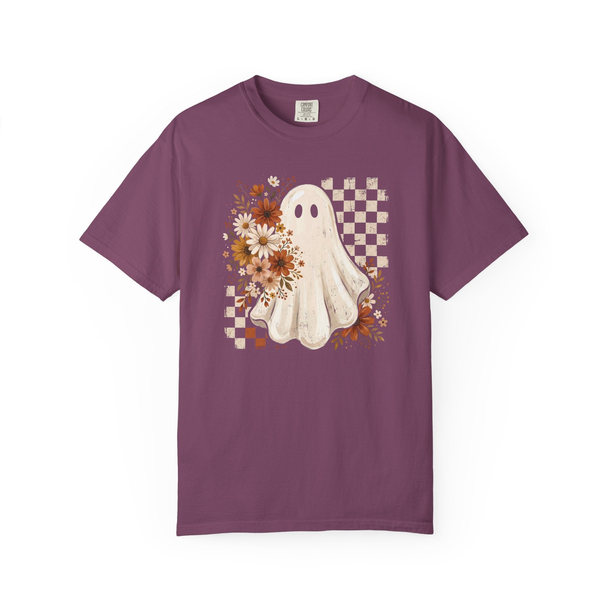 Halloween Floral Ghost T-Shirt — Cute Vintage Checkerboard Fall Tee