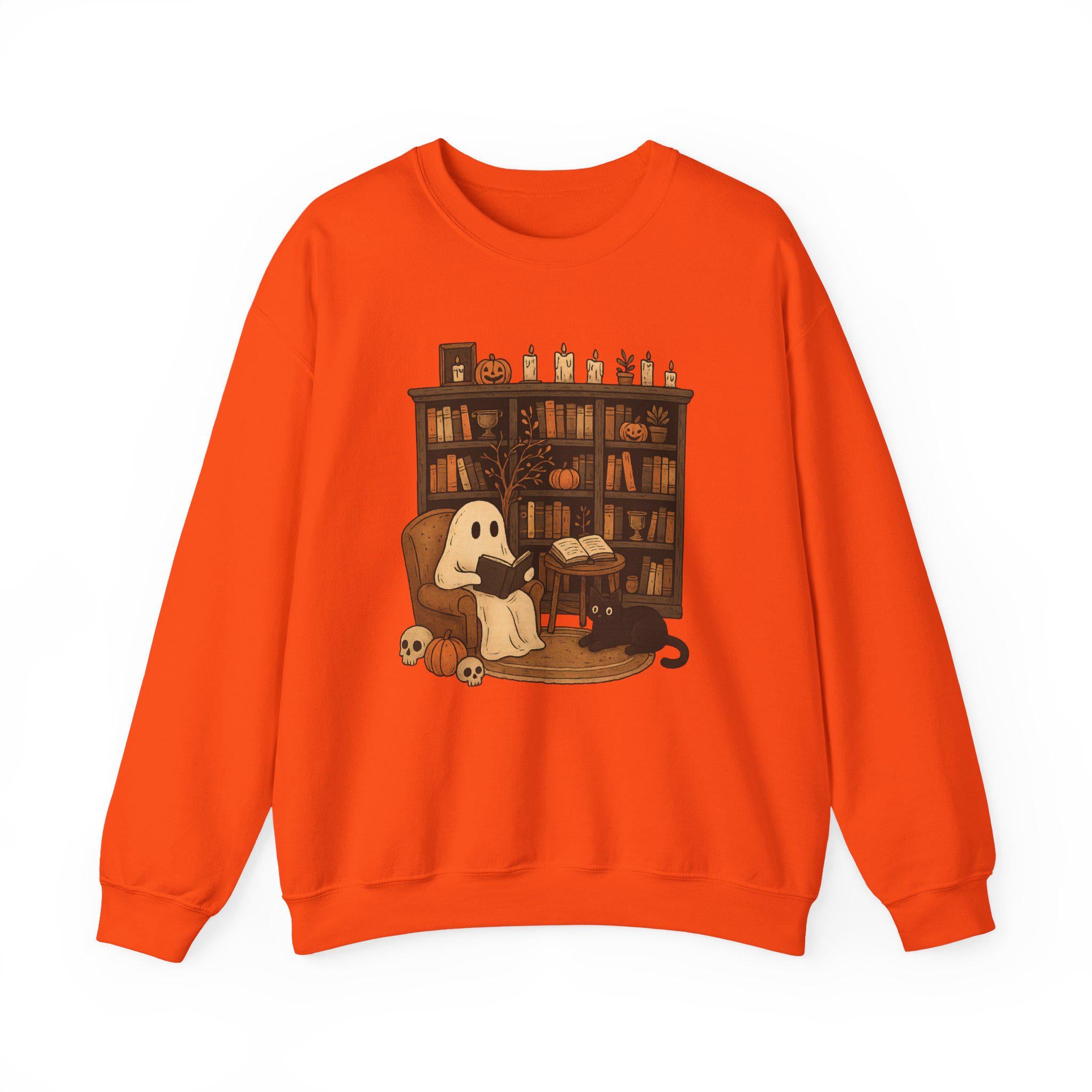 Cozy Halloween Sweatshirt with Ghost and Book Design, Fall Fashion, Spooky Season Essential, Gift for Book Lovers