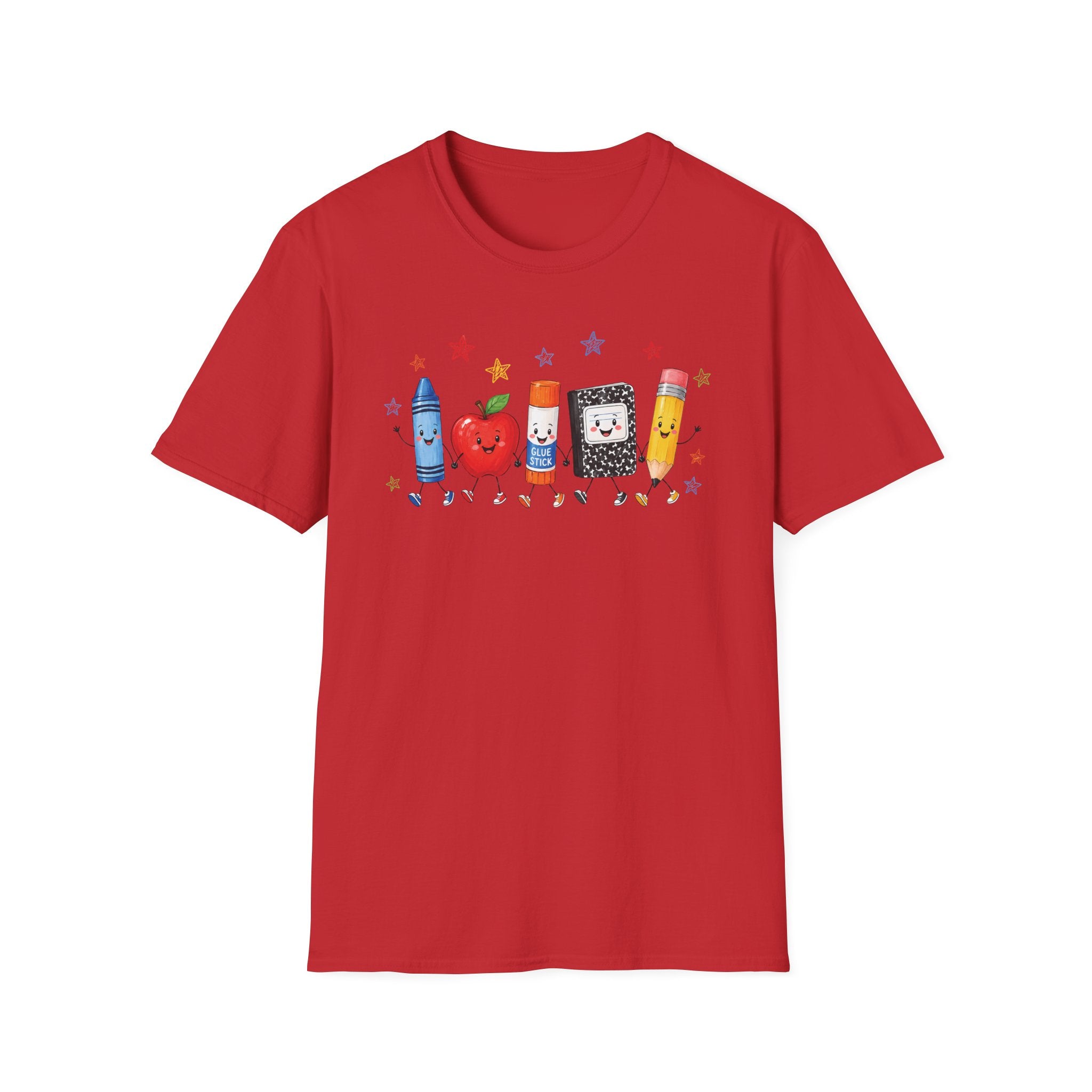 Back-to-School T-Shirt — Cute School Supplies Lineup (Apple, Crayon, Glue, Notebook, Pencil)
