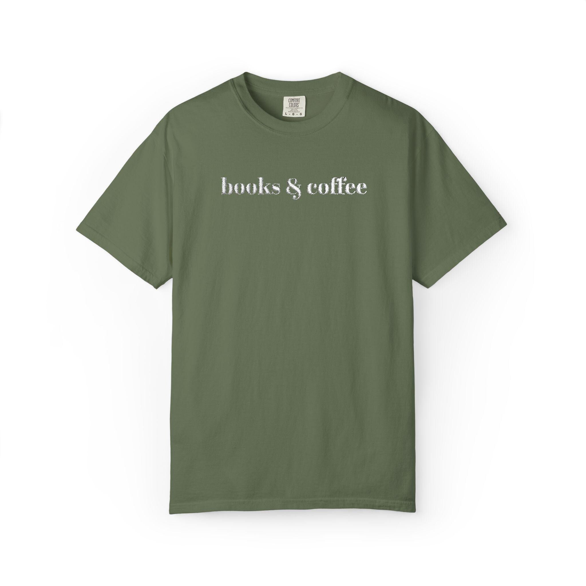 Books & Coffee Embroidered Comfort Colors 1717 Tee | Cozy Reader Gift Shirt