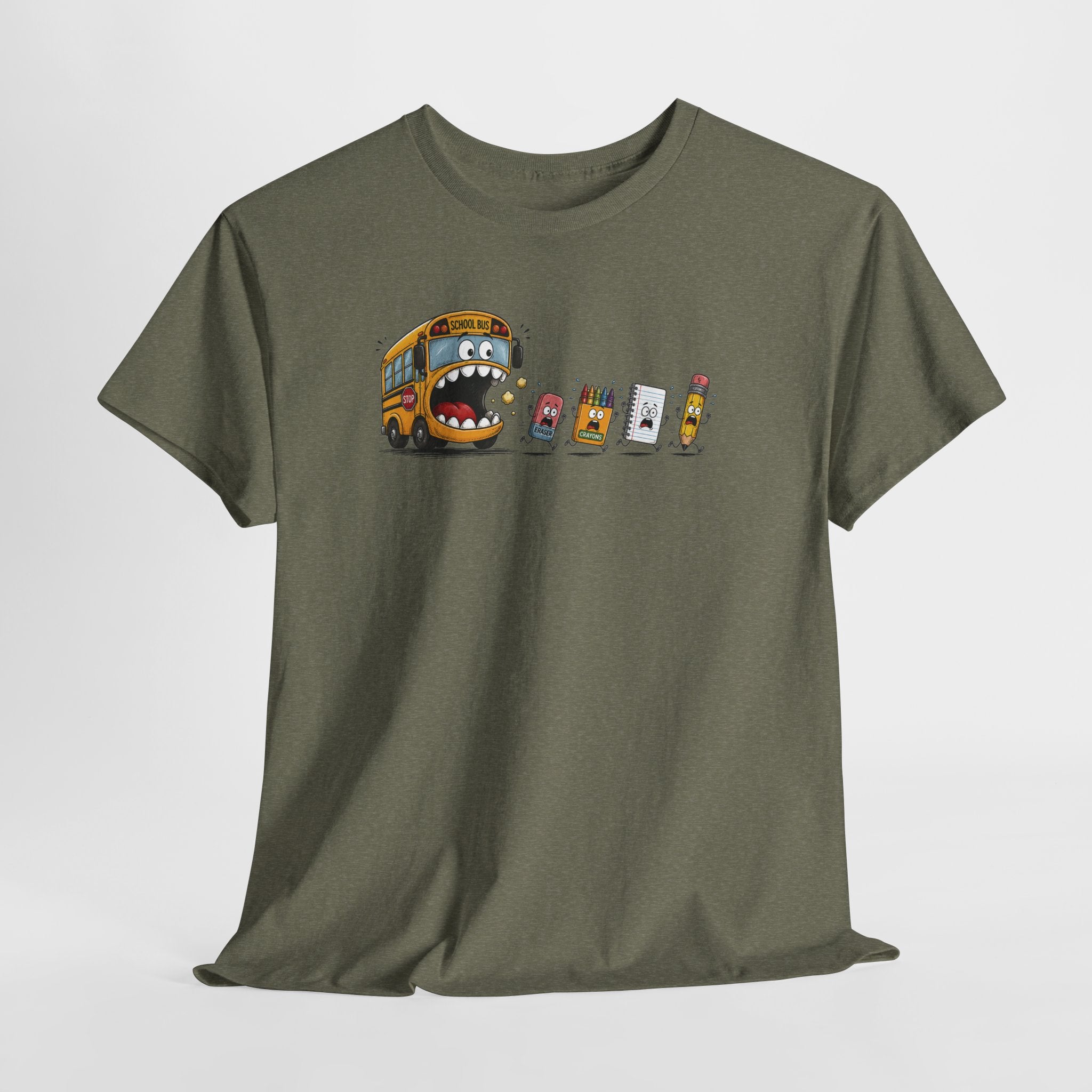 T-Shirt — Funny Snack Attack Graphic Tee (School Bus Eating Kids' Snacks)