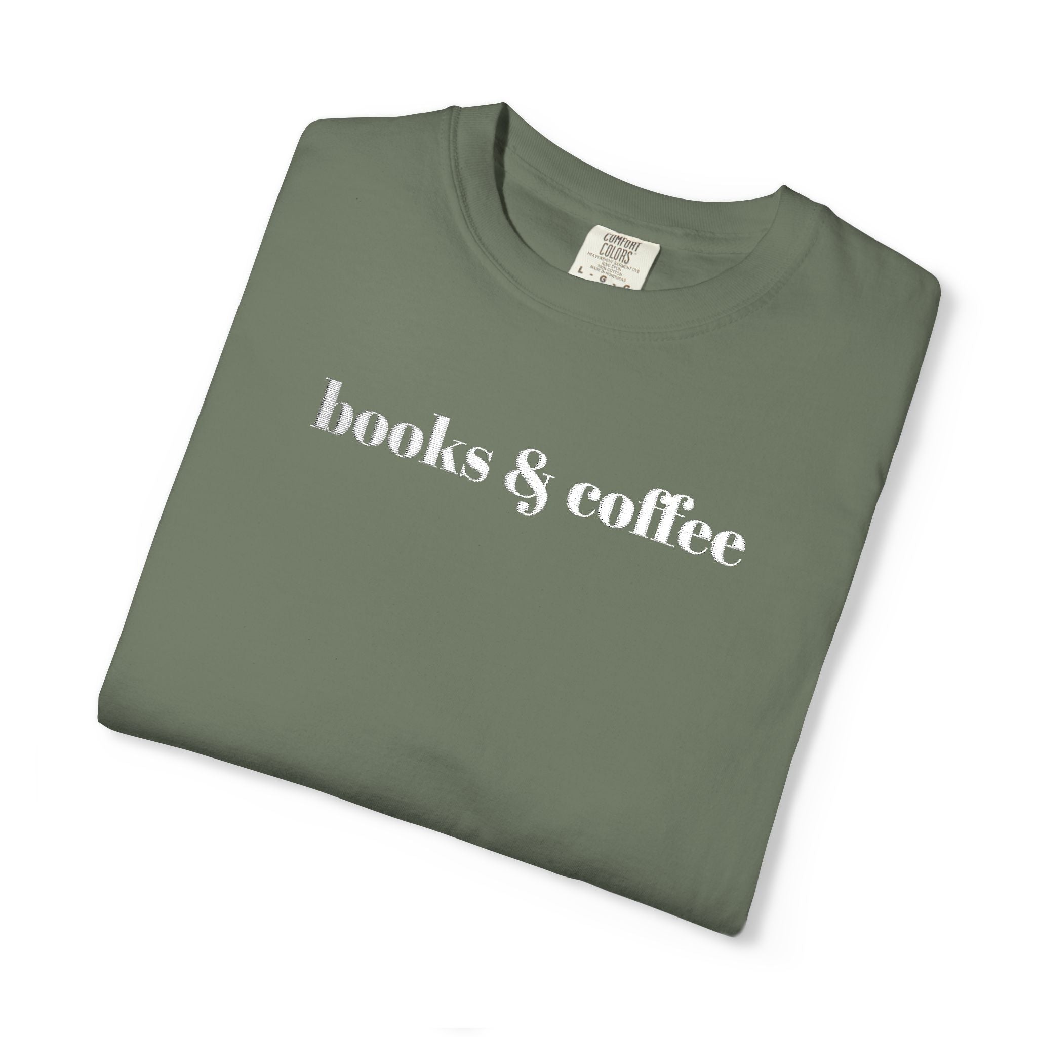 Books & Coffee Embroidered Comfort Colors 1717 Tee | Cozy Reader Gift Shirt