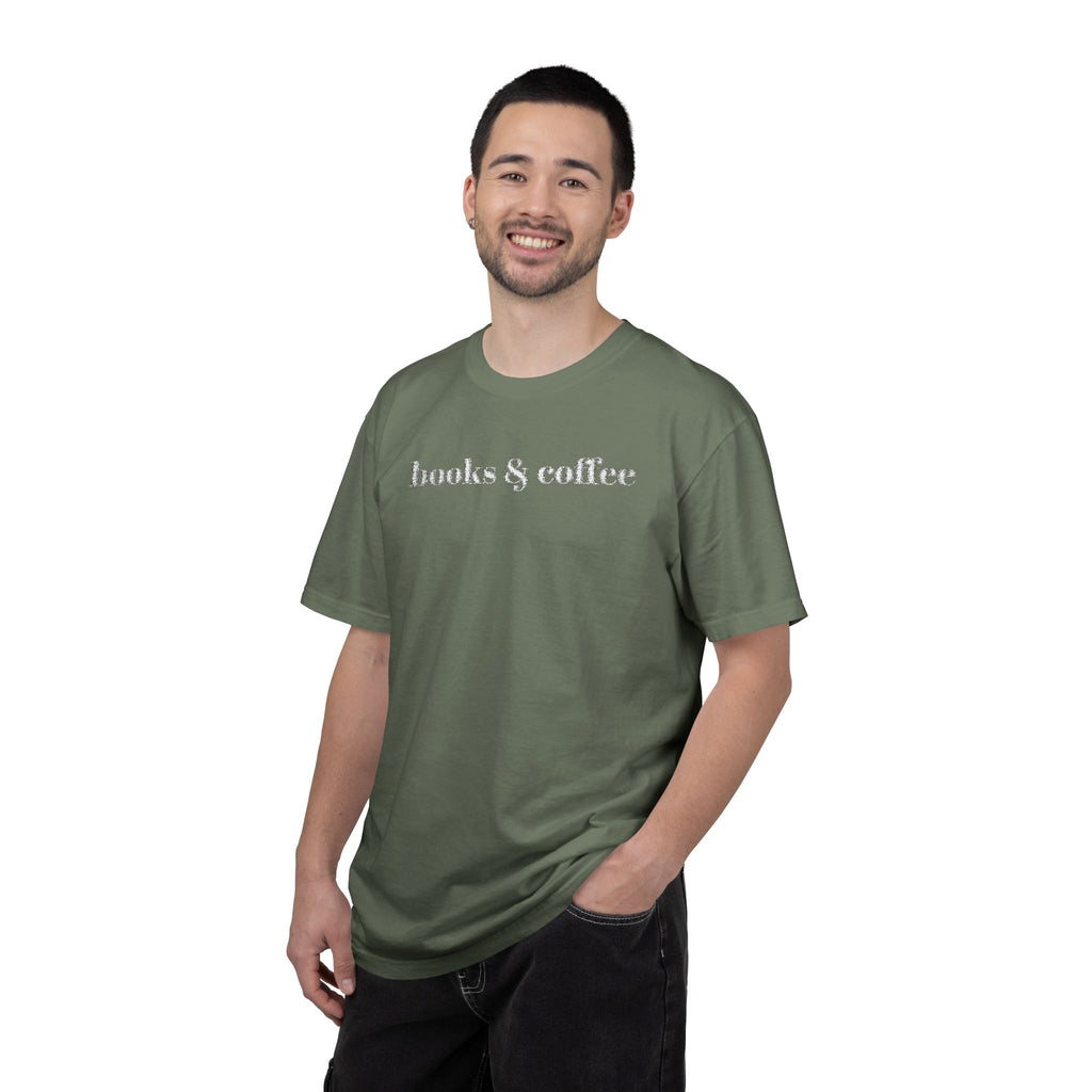Books & Coffee Embroidered Comfort Colors 1717 Tee | Cozy Reader Gift Shirt