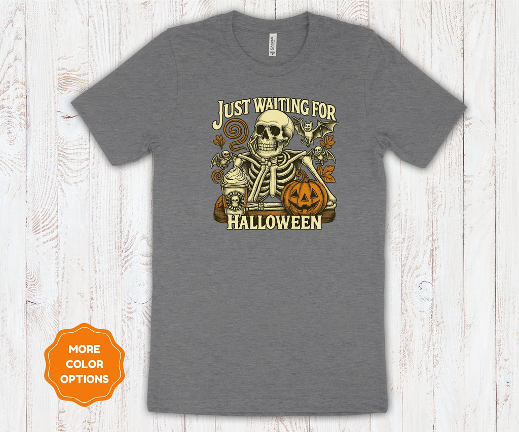 Just Waiting for Halloween | Retro Pumpkin & Skeleton | Bella Canvas Cotton Unisex Tee