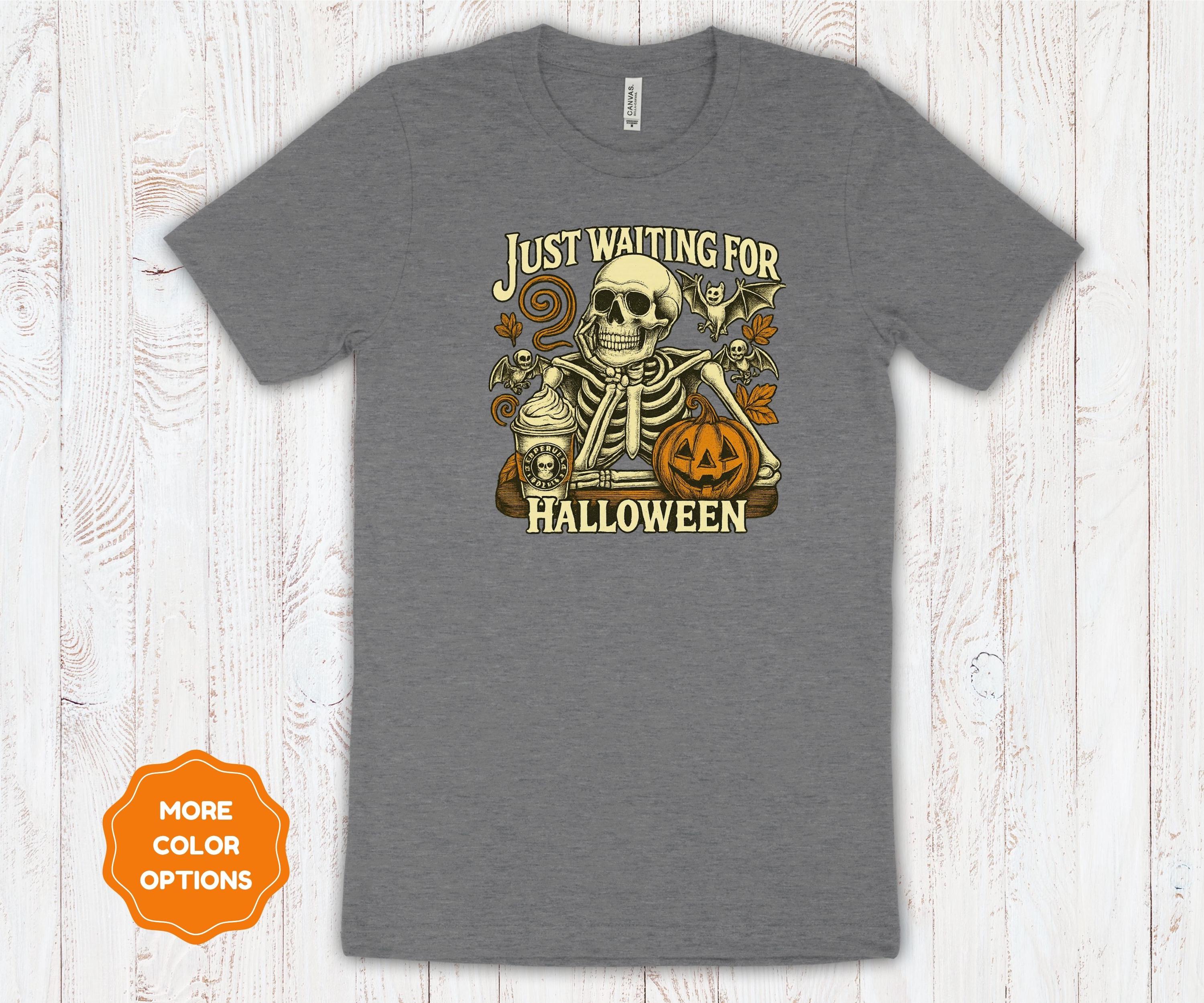 Just Waiting for Halloween | Retro Pumpkin & Skeleton | Bella Canvas Cotton Unisex Tee