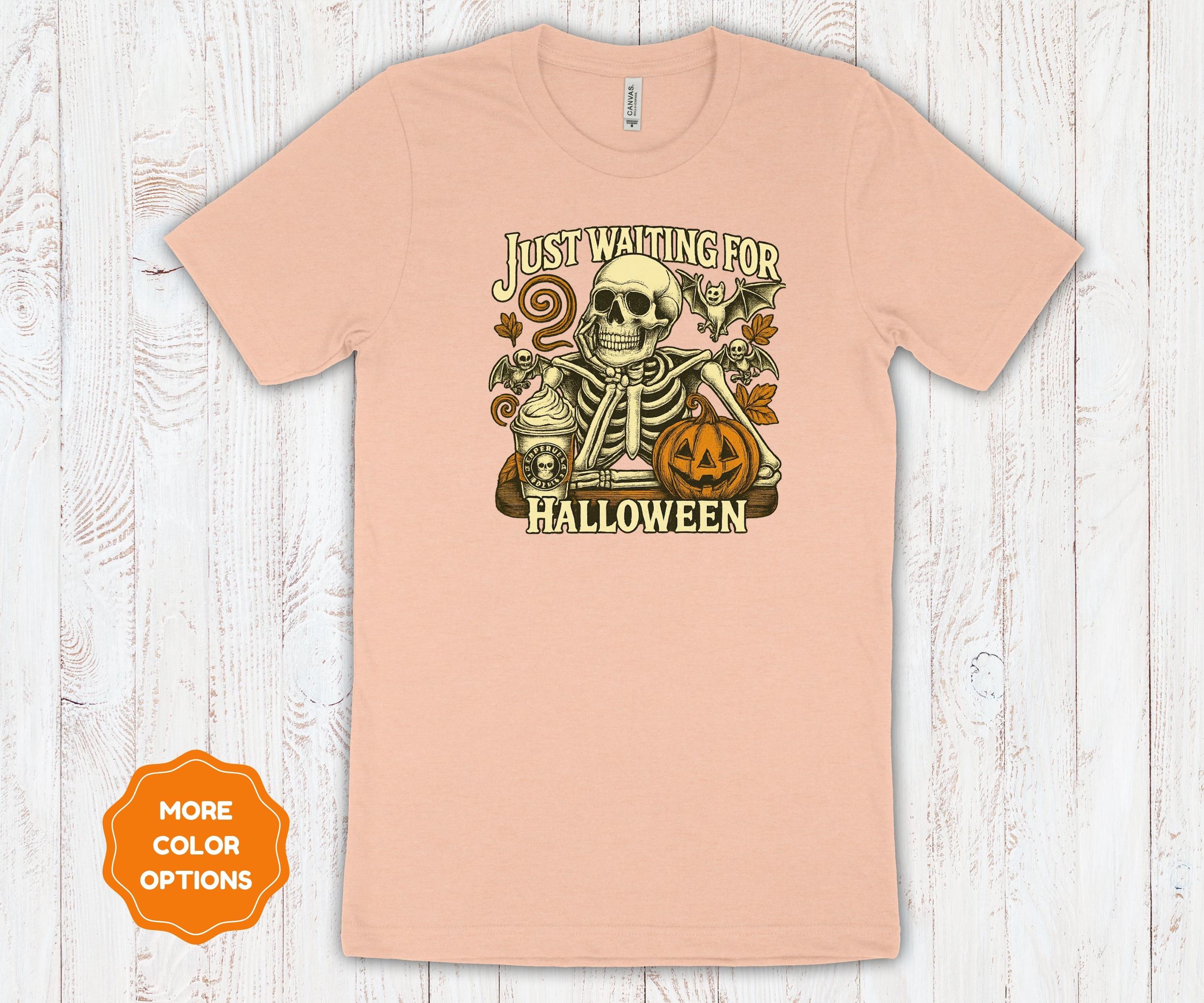 Just Waiting for Halloween | Retro Pumpkin & Skeleton | Bella Canvas Cotton Unisex Tee