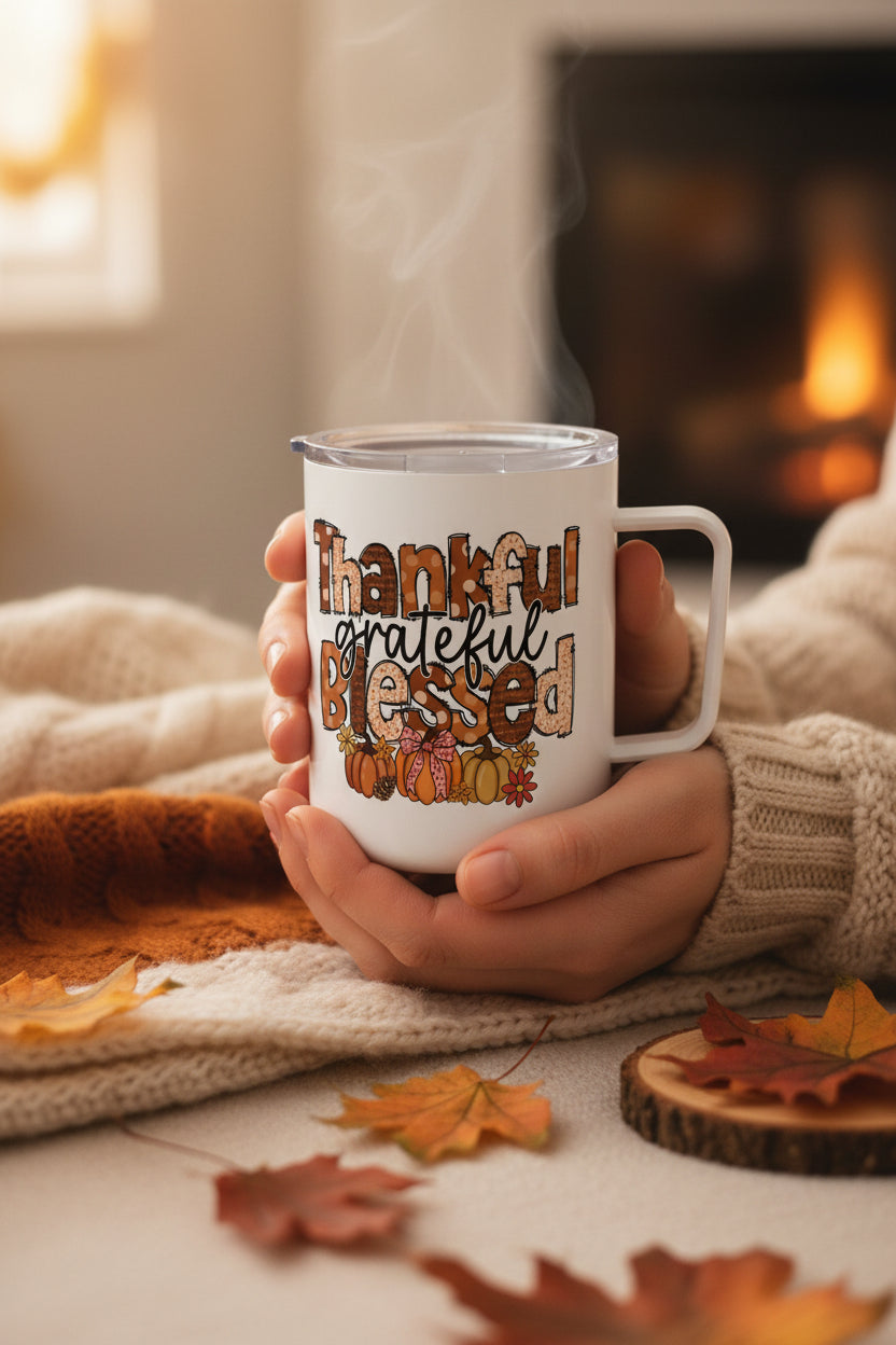 Thankful & Blessed Insulated Coffee Mug, 10oz | Fall Decor, Autumn Gift, Pumpkin Spice Lover, Thanksgiving Mug, Cozy Warm Drink