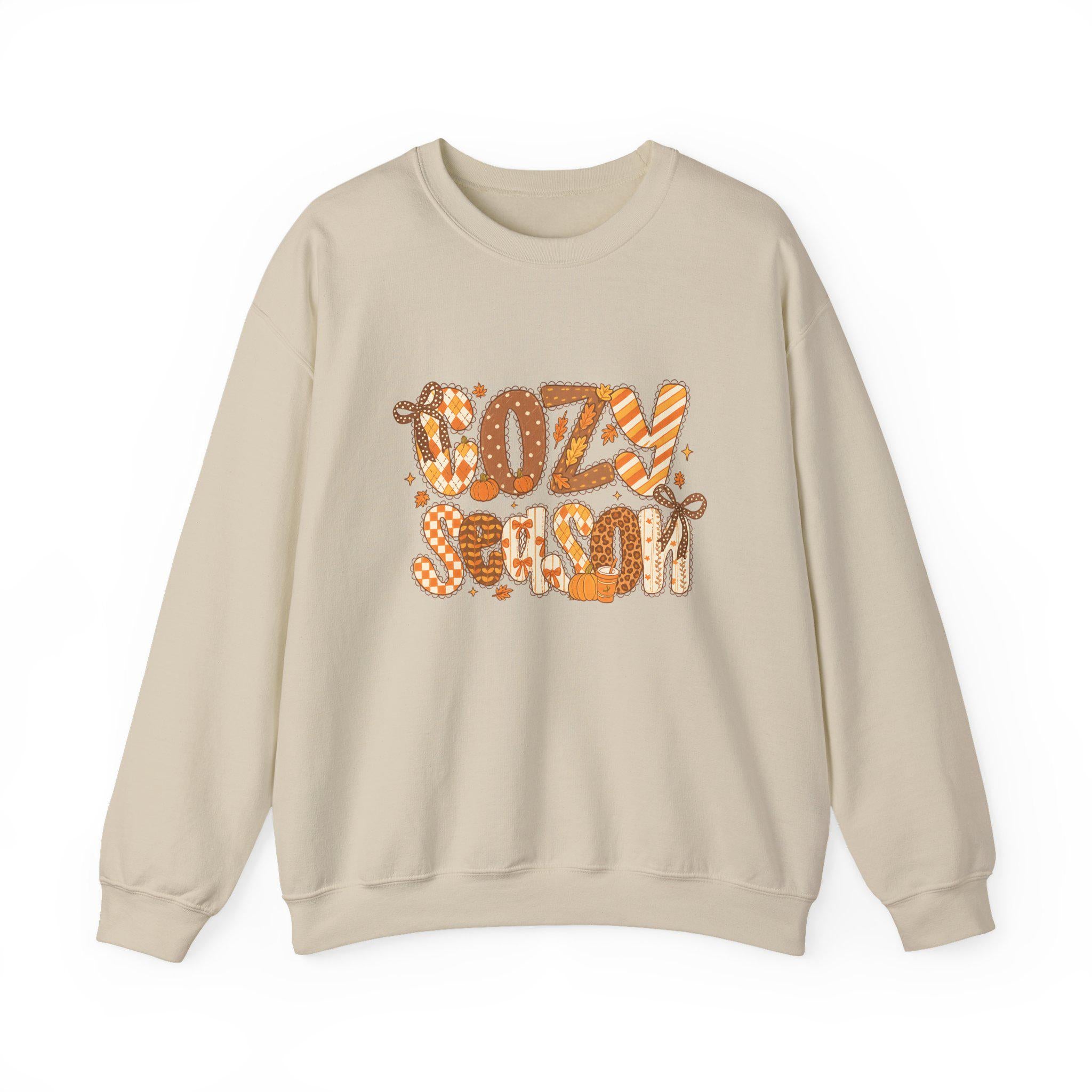 Cozy Season Fall Sweatshirt • Autumn Pumpkin & Leaves Graphic Pullover • Vintage Cozy Sweater for Fall Outfits