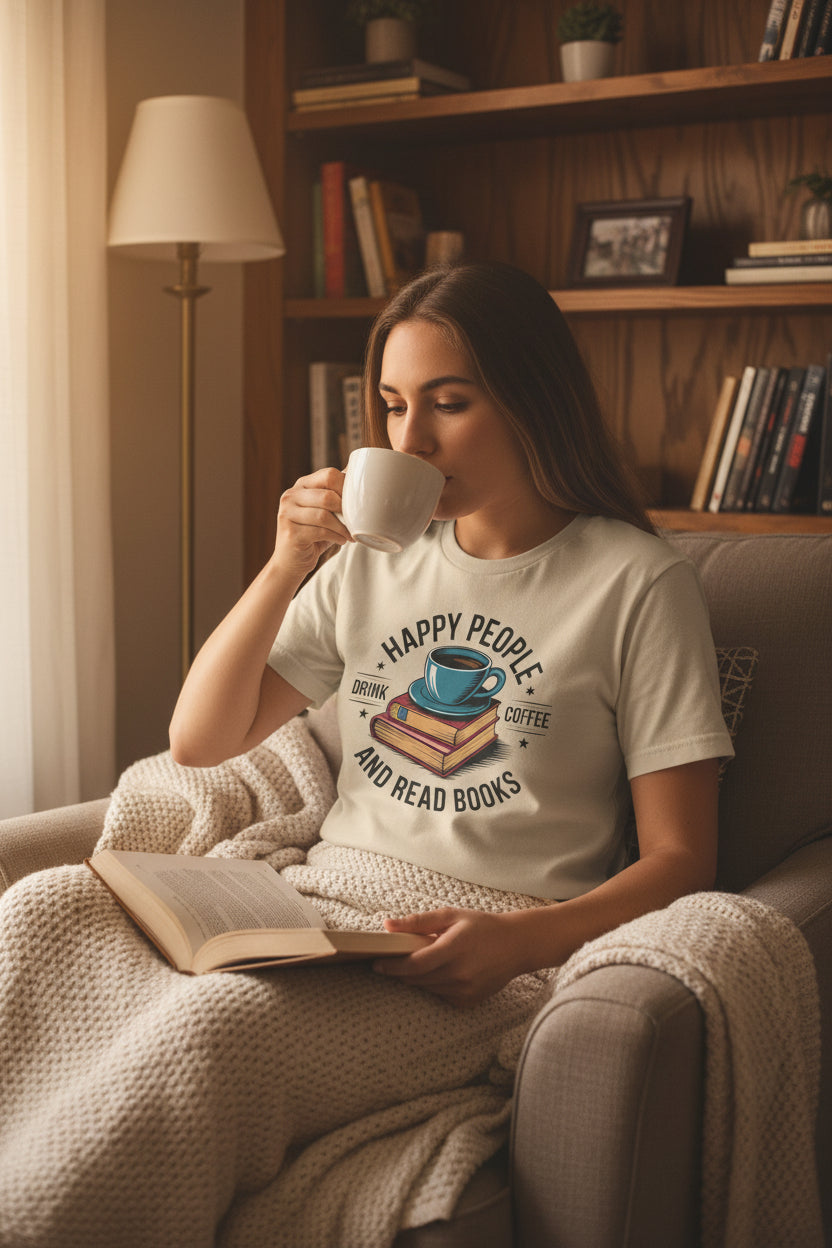 Coffee & Books T‑Shirt — "Happy People Drink Coffee and Read Books" Cozy Reading Tee