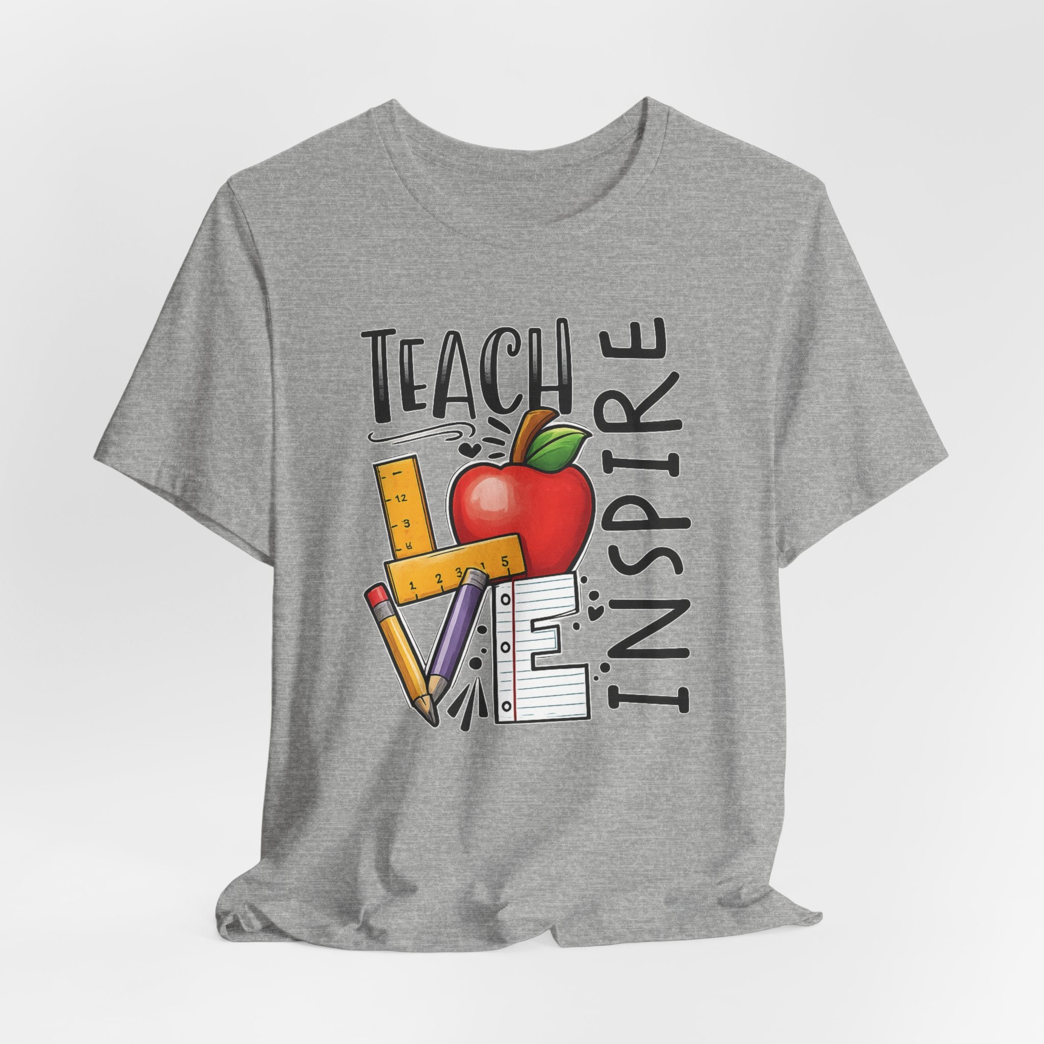 Teach Inspire Love Teacher Shirt  Apple Pencil Graphic Tee  Bella Canvas 3001  Back to School Gift  Teacher Appreciation Shirt