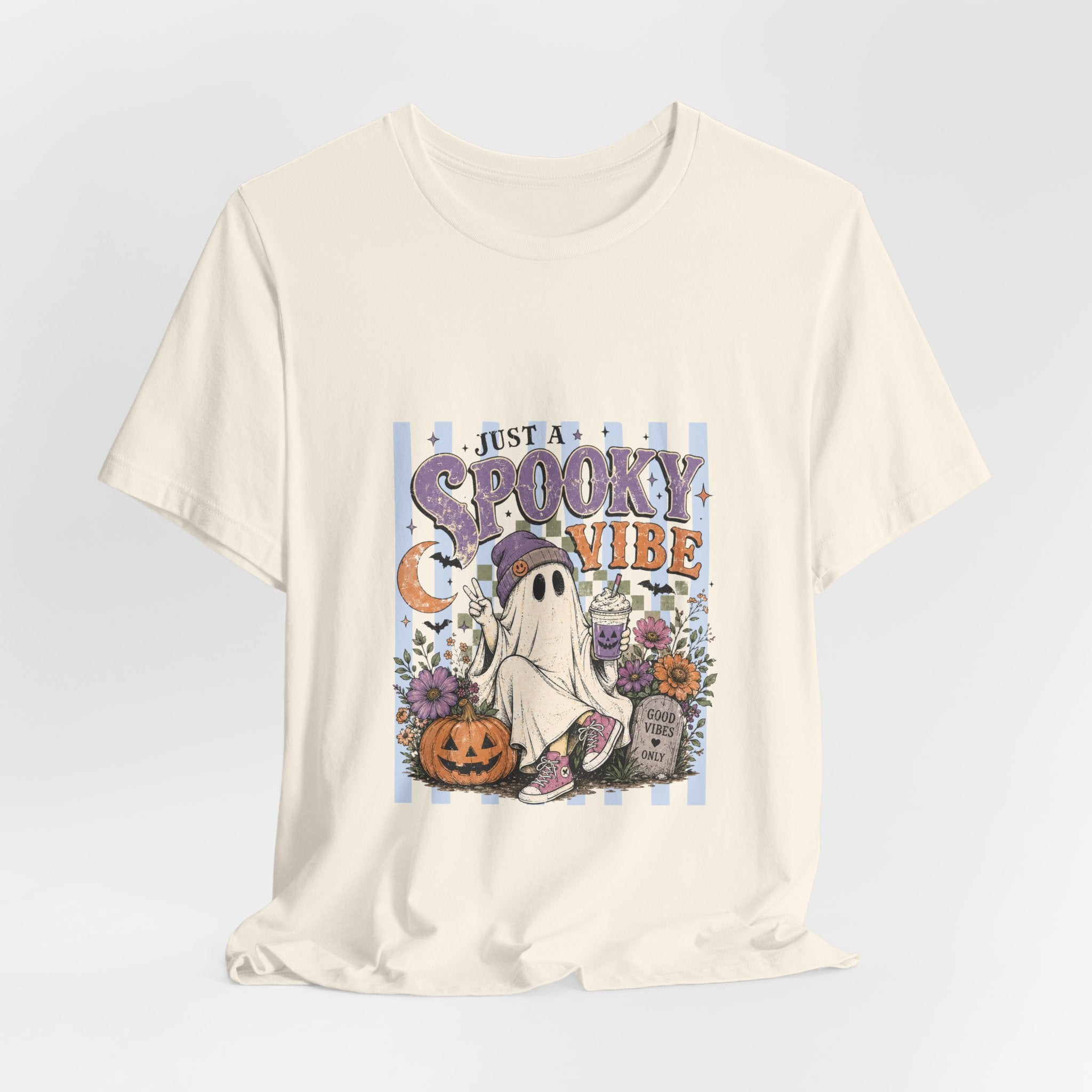 Spooky Vibe Ghost Tee — Cute Halloween Pumpkin & Graveyard Graphic Shirt