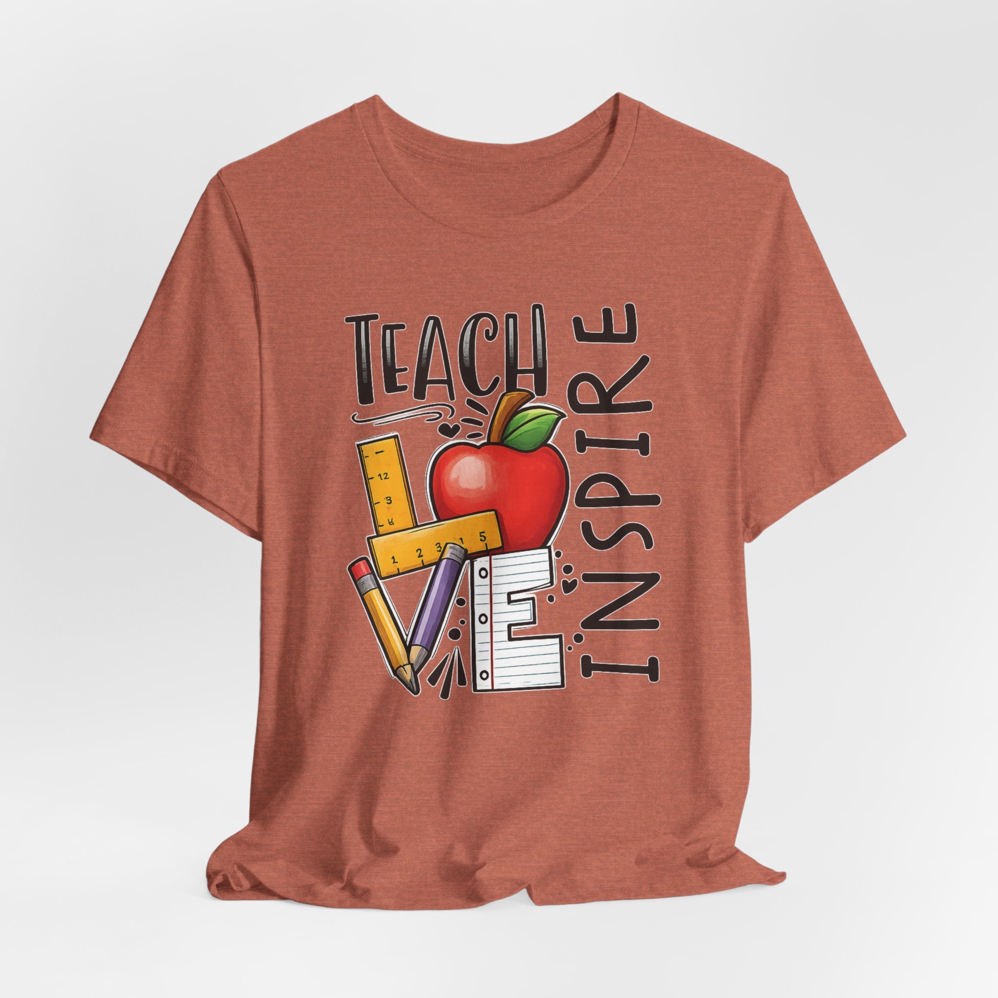 Teach Inspire Love Teacher Shirt  Apple Pencil Graphic Tee  Bella Canvas 3001  Back to School Gift  Teacher Appreciation Shirt