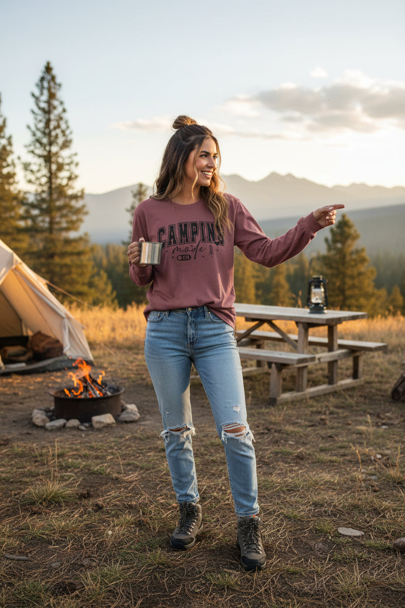 Camping Mode Long Sleeve T-Shirt — Cozy Outdoors Graphic Shirt