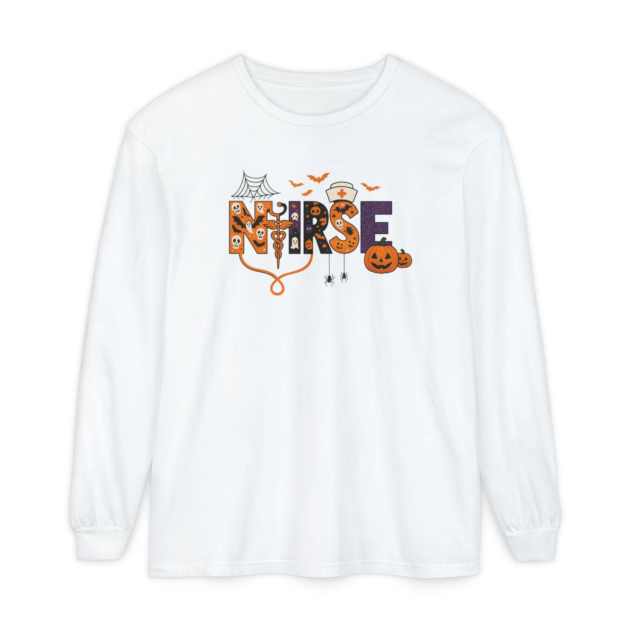 Halloween Nurse Long Sleeve T-Shirt, Spooky Nurse Shirt, Fall Apparel, Costume Tee, Gift for Healthcare Workers, Holiday Wear