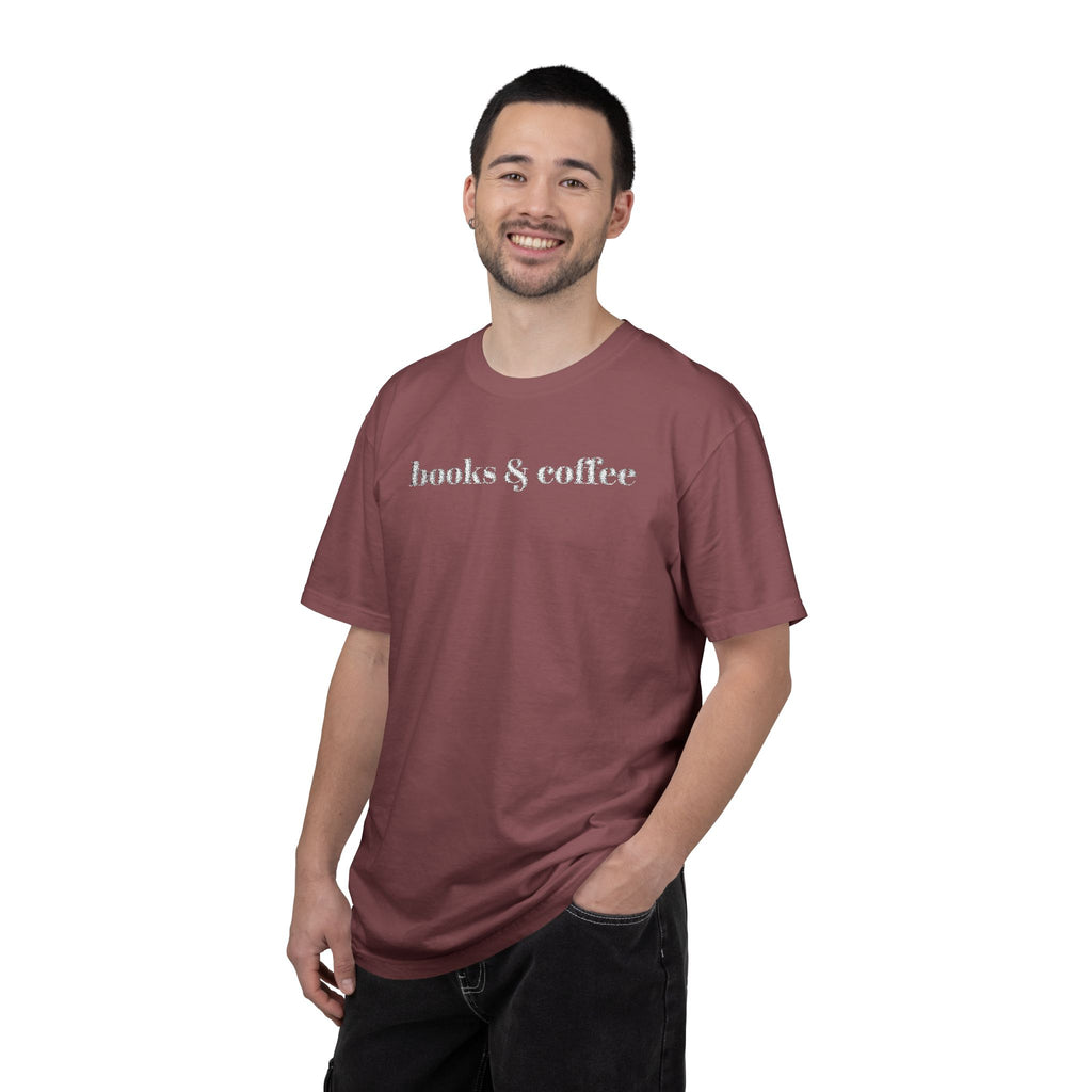 Books & Coffee Embroidered Comfort Colors 1717 Tee | Cozy Reader Gift Shirt