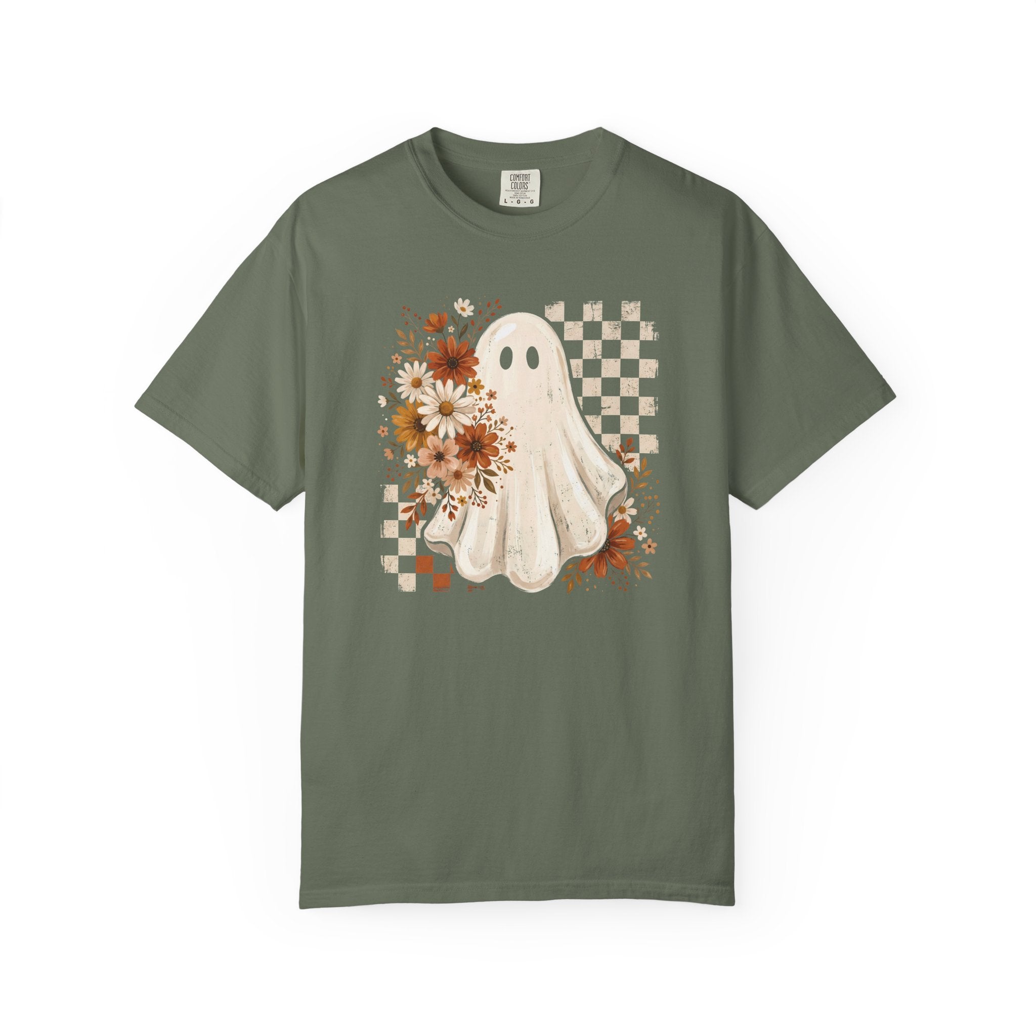 Halloween Floral Ghost T-Shirt — Cute Vintage Checkerboard Fall Tee