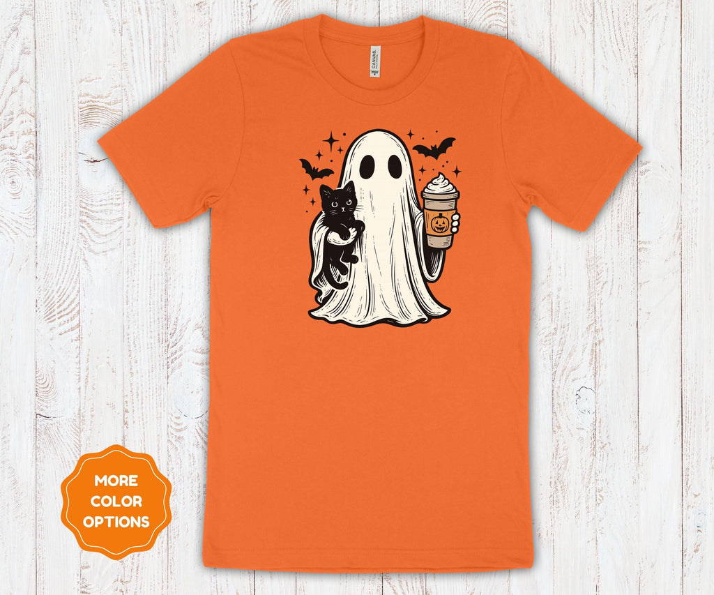 Ghost Cat Coffee Halloween Shirt | Cotton Spooky Graphic Tee