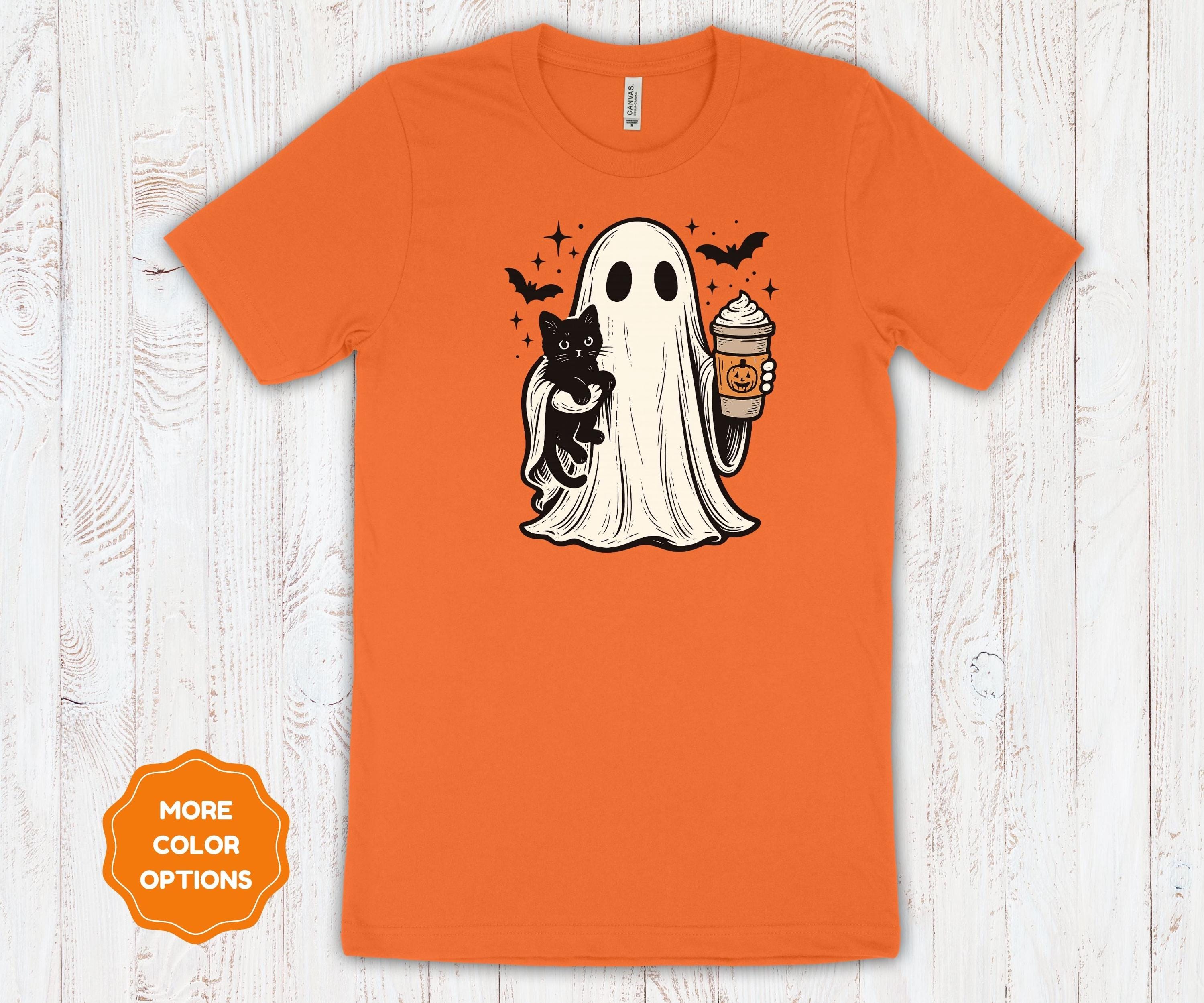 Ghost Cat Coffee Halloween Shirt | Cotton Spooky Graphic Tee
