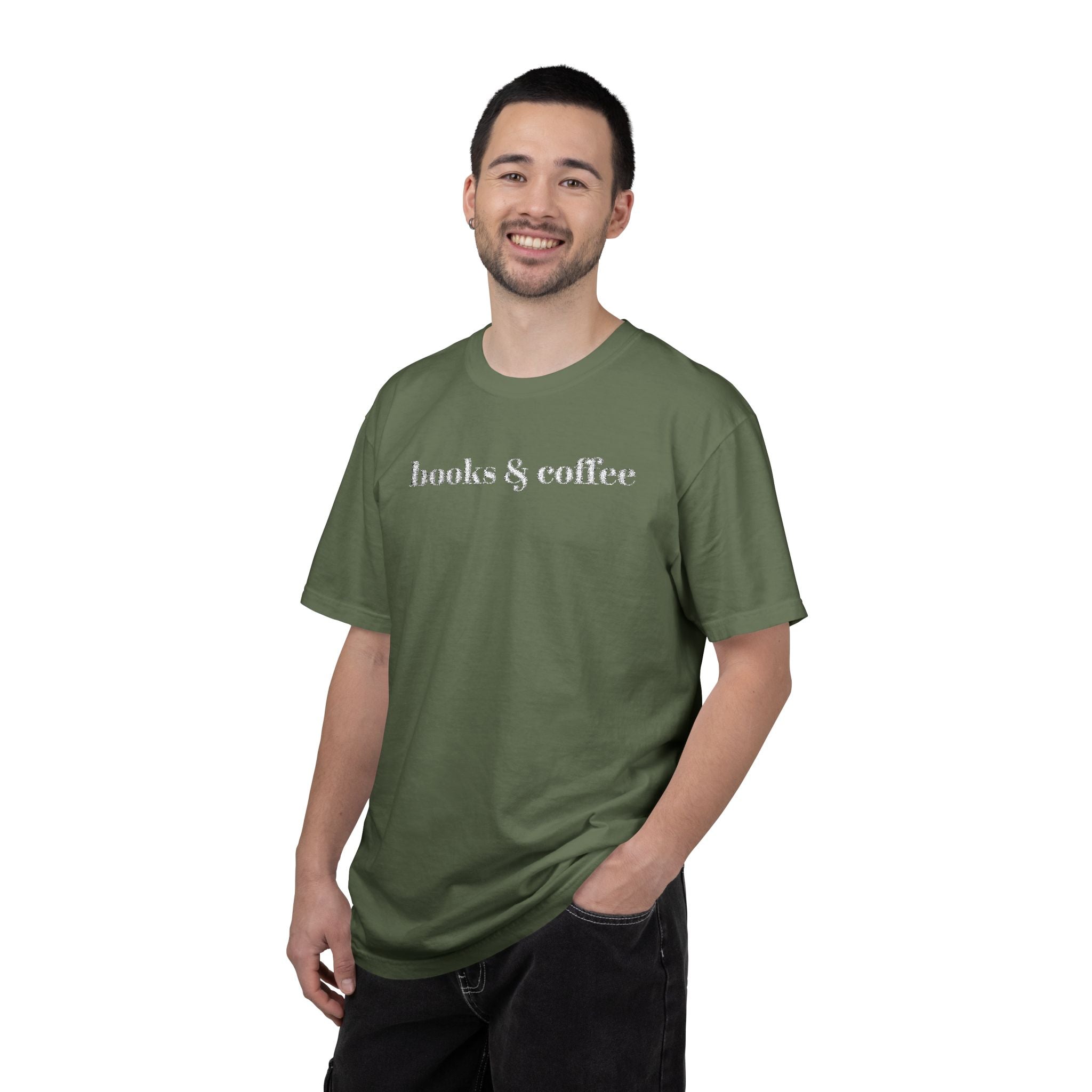Books & Coffee Embroidered Comfort Colors 1717 Tee | Cozy Reader Gift Shirt