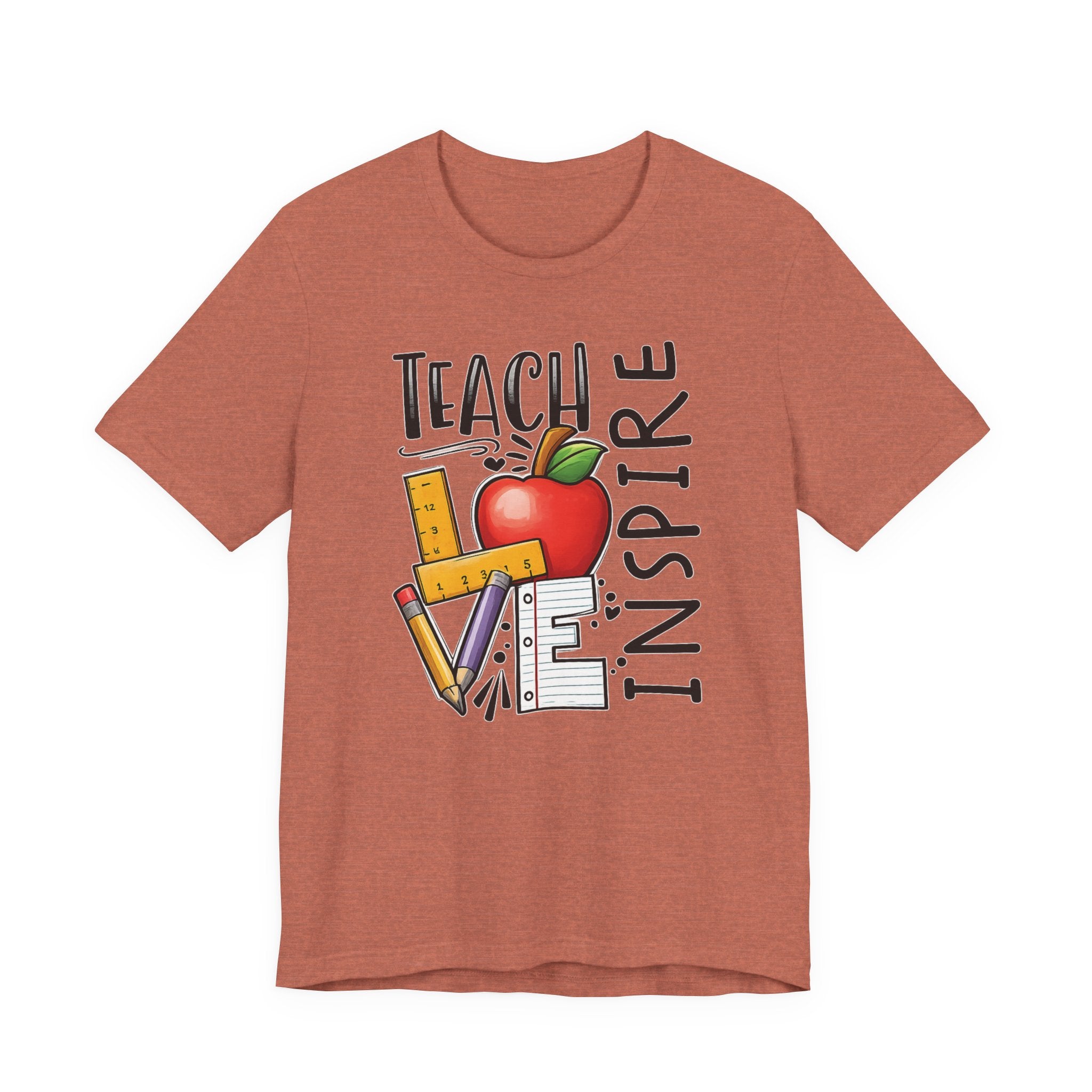 Teach Inspire Love Teacher Shirt  Apple Pencil Graphic Tee  Bella Canvas 3001  Back to School Gift  Teacher Appreciation Shirt