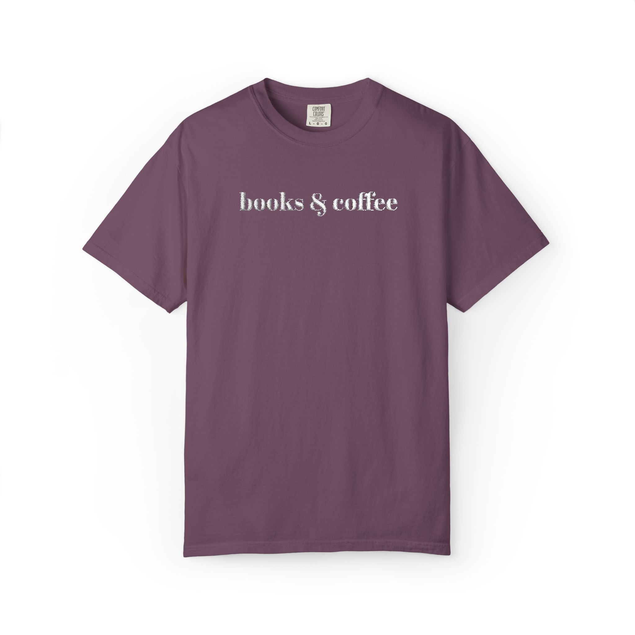 Books & Coffee Embroidered Comfort Colors 1717 Tee | Cozy Reader Gift Shirt