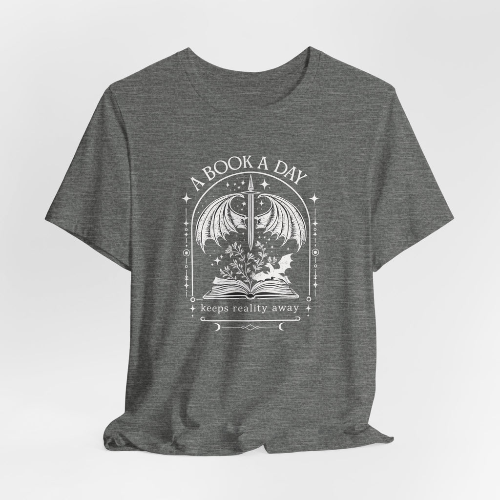 A Book a Day Keeps Reality Away Shirt, Fantasy Reader Dragon Wing Tee, Gothic Book Lover Gift, Dark Academia Bookworm T-Shirt