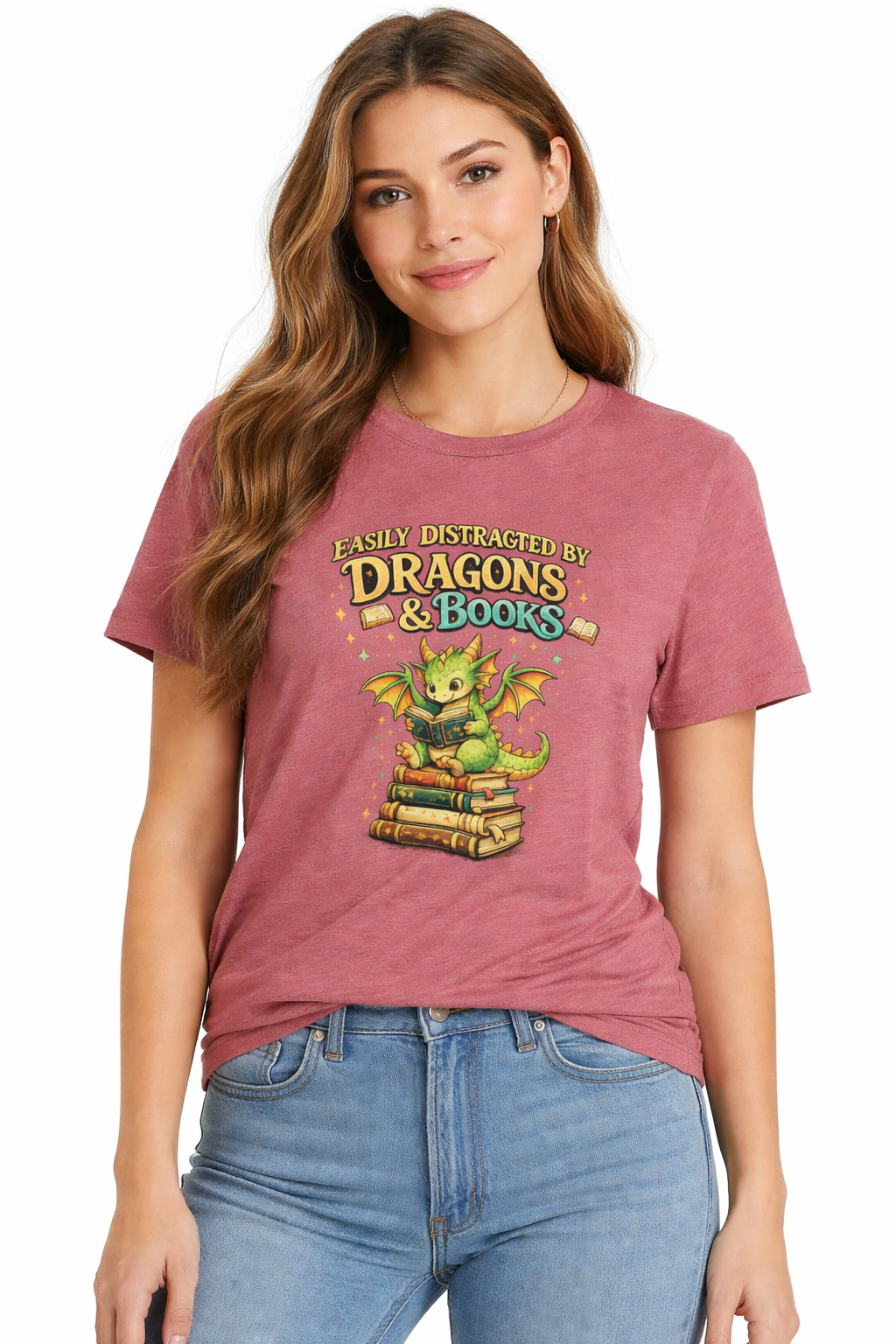 Easily Distracted by Dragons & Books Shirt, Cute Baby Dragon Reading Tee, Fantasy Book Lover Gift, Bookworm Graphic T-Shirt