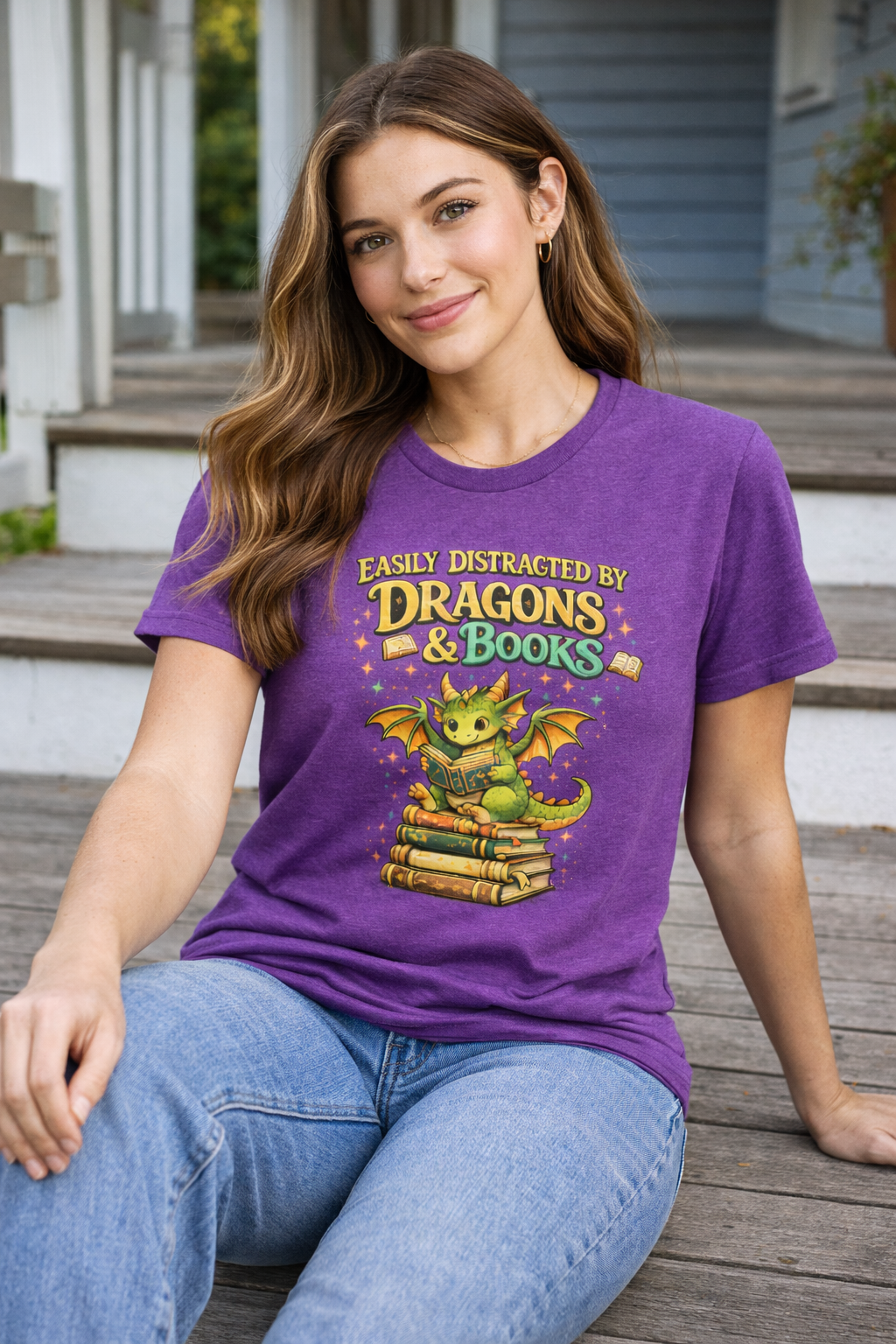 Easily Distracted by Dragons & Books Shirt, Cute Baby Dragon Reading Tee, Fantasy Book Lover Gift, Bookworm Graphic T-Shirt