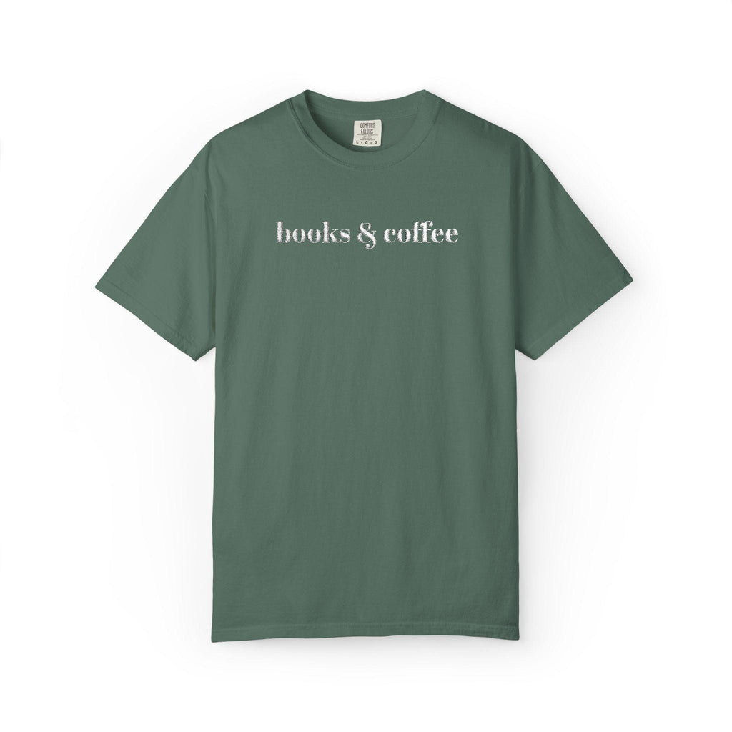 Books & Coffee Embroidered Comfort Colors 1717 Tee | Cozy Reader Gift Shirt