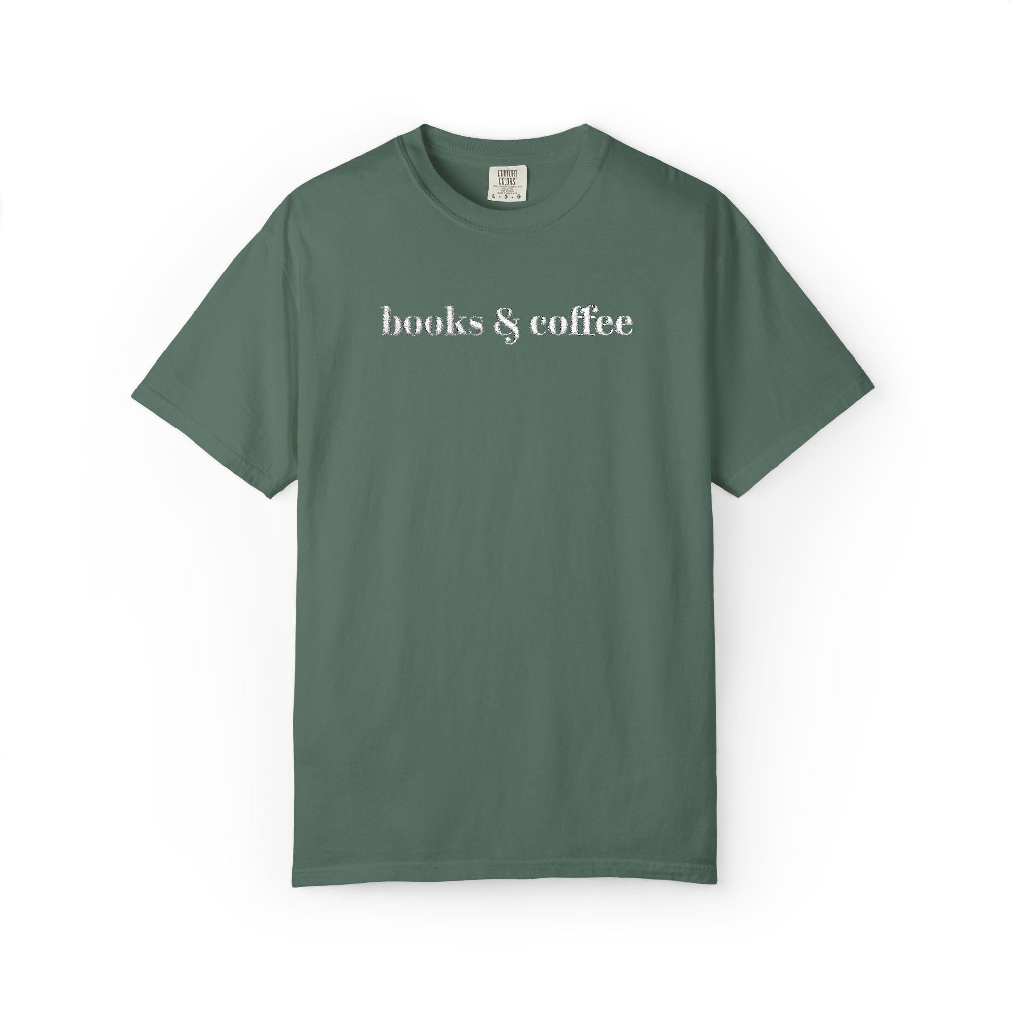 Books & Coffee Embroidered Comfort Colors 1717 Tee | Cozy Reader Gift Shirt