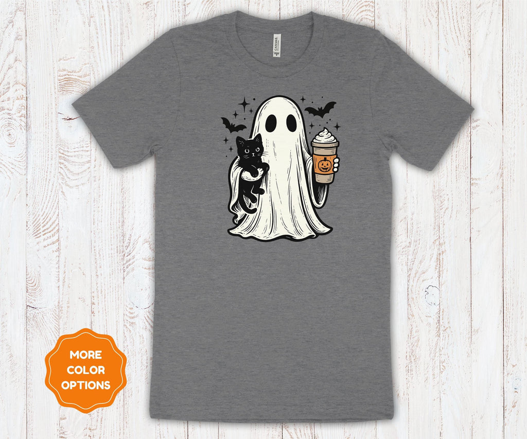 Ghost Cat Coffee Halloween Shirt | Cotton Spooky Graphic Tee