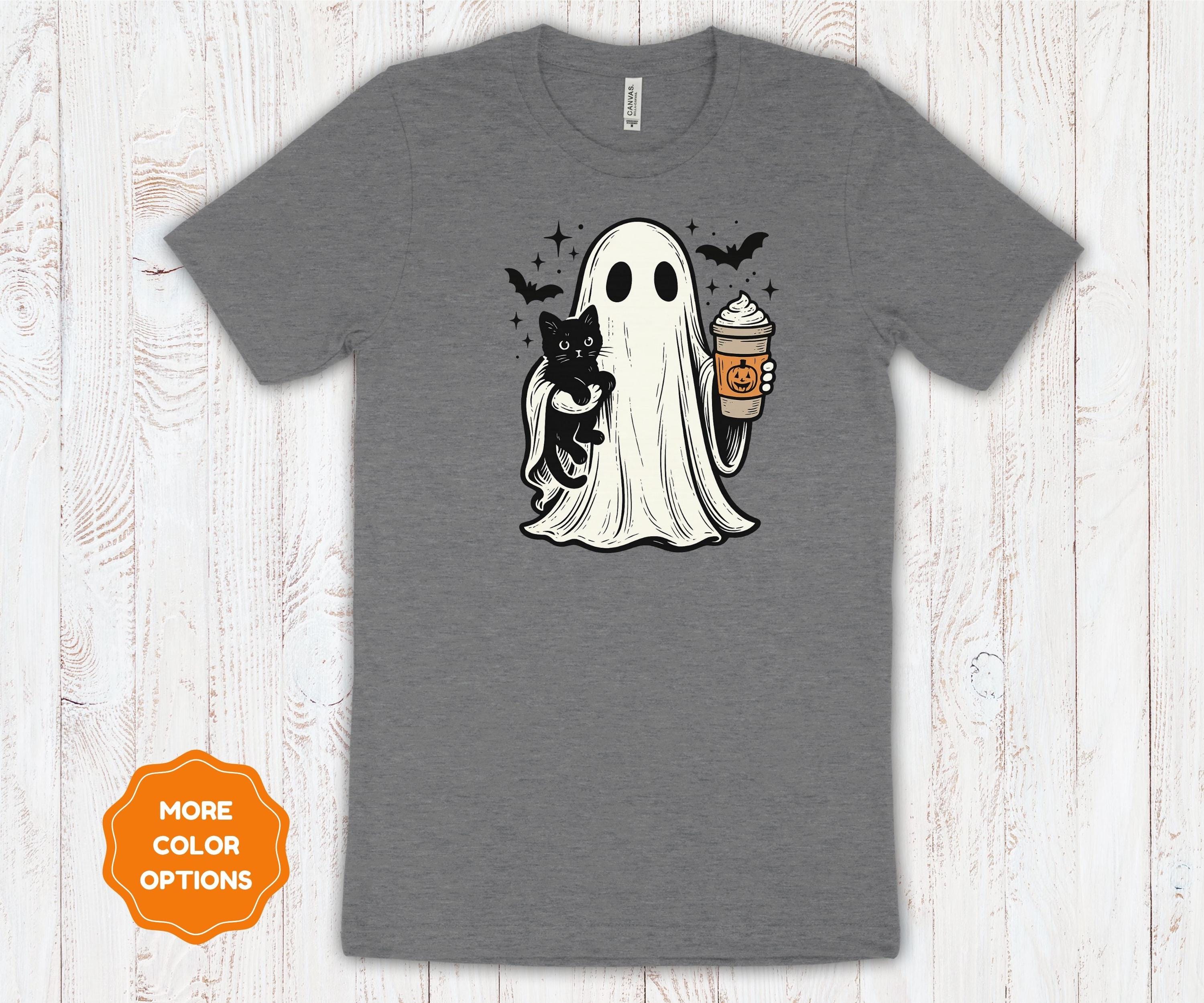 Ghost Cat Coffee Halloween Shirt | Cotton Spooky Graphic Tee