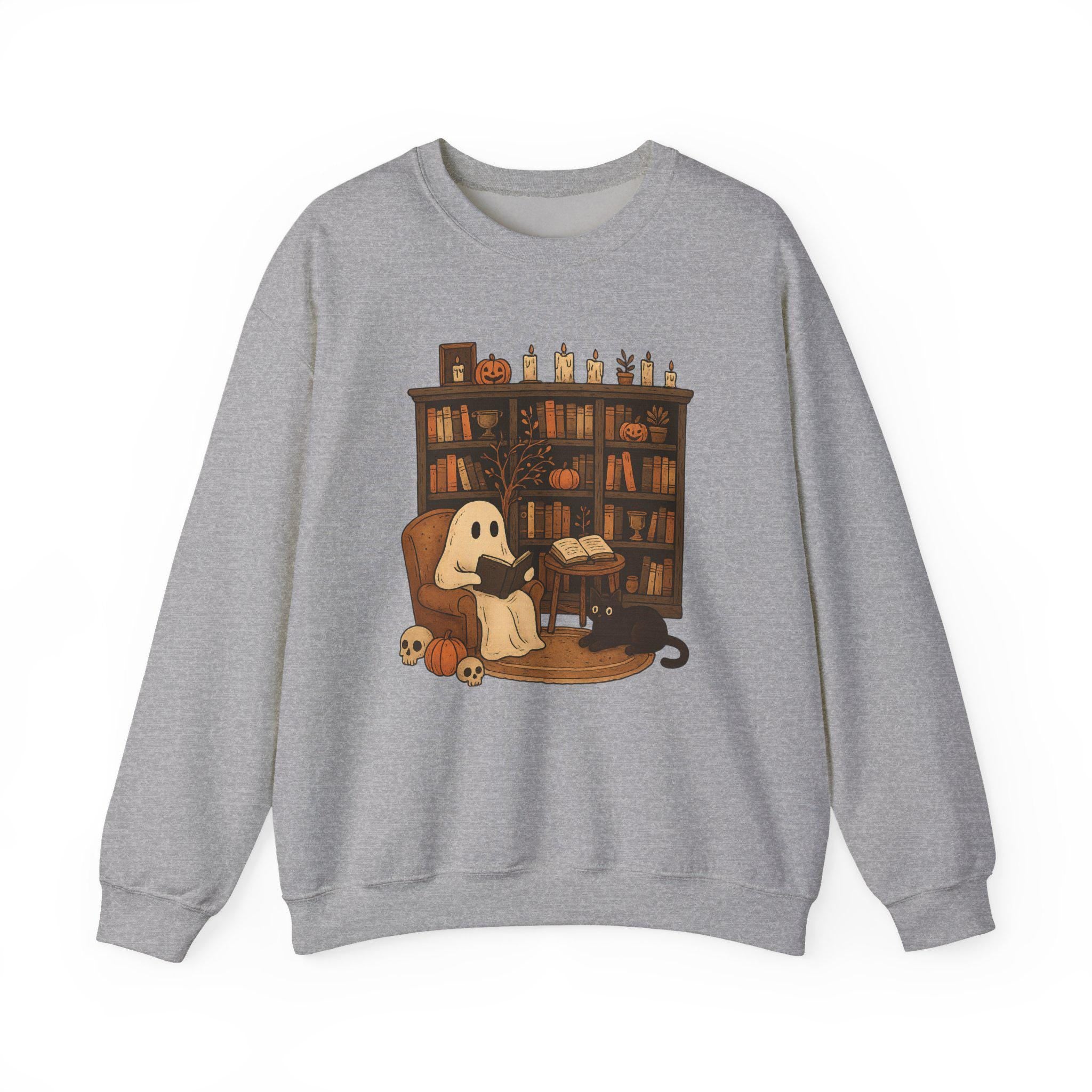 Cozy Halloween Sweatshirt with Ghost and Book Design, Fall Fashion, Spooky Season Essential, Gift for Book Lovers