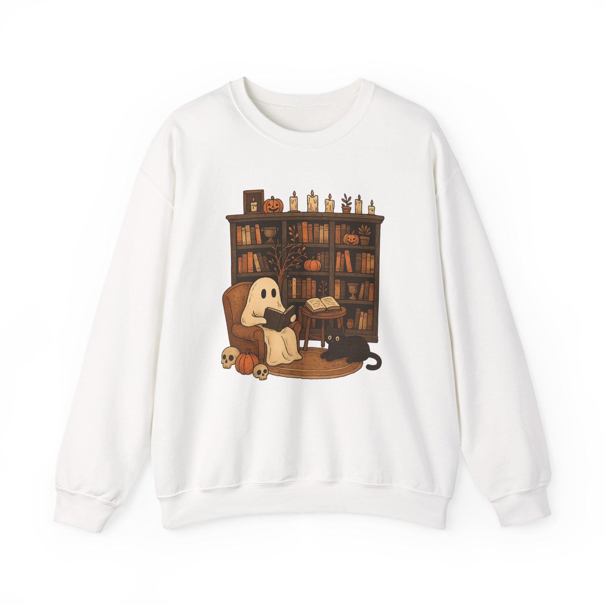 Cozy Halloween Sweatshirt with Ghost and Book Design, Fall Fashion, Spooky Season Essential, Gift for Book Lovers
