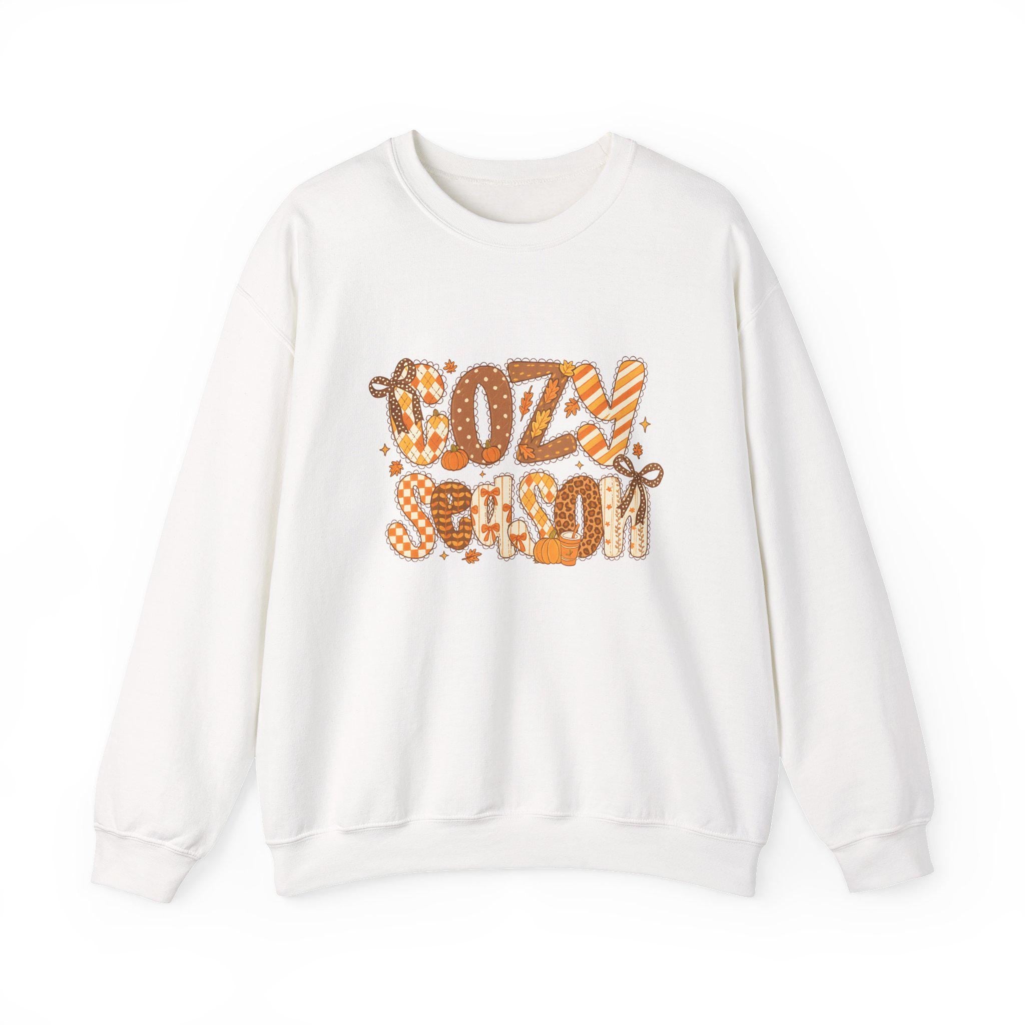 Cozy Season Fall Sweatshirt • Autumn Pumpkin & Leaves Graphic Pullover • Vintage Cozy Sweater for Fall Outfits