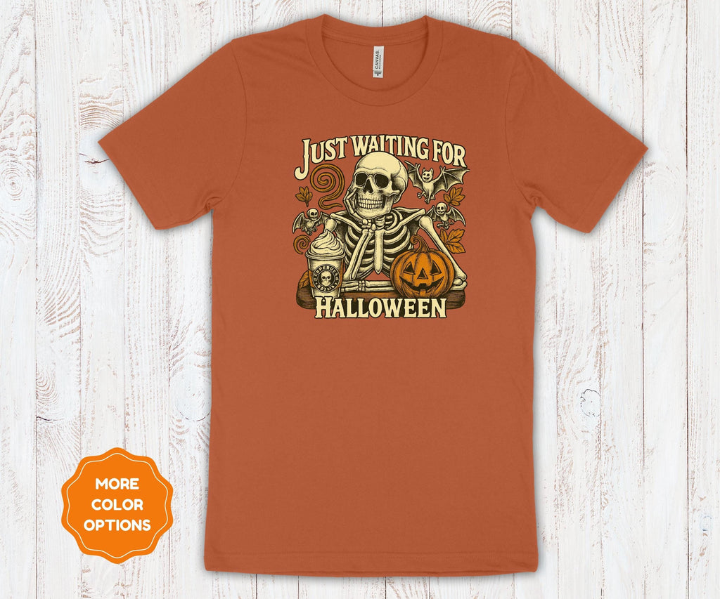 Just Waiting for Halloween | Retro Pumpkin & Skeleton | Bella Canvas Cotton Unisex Tee