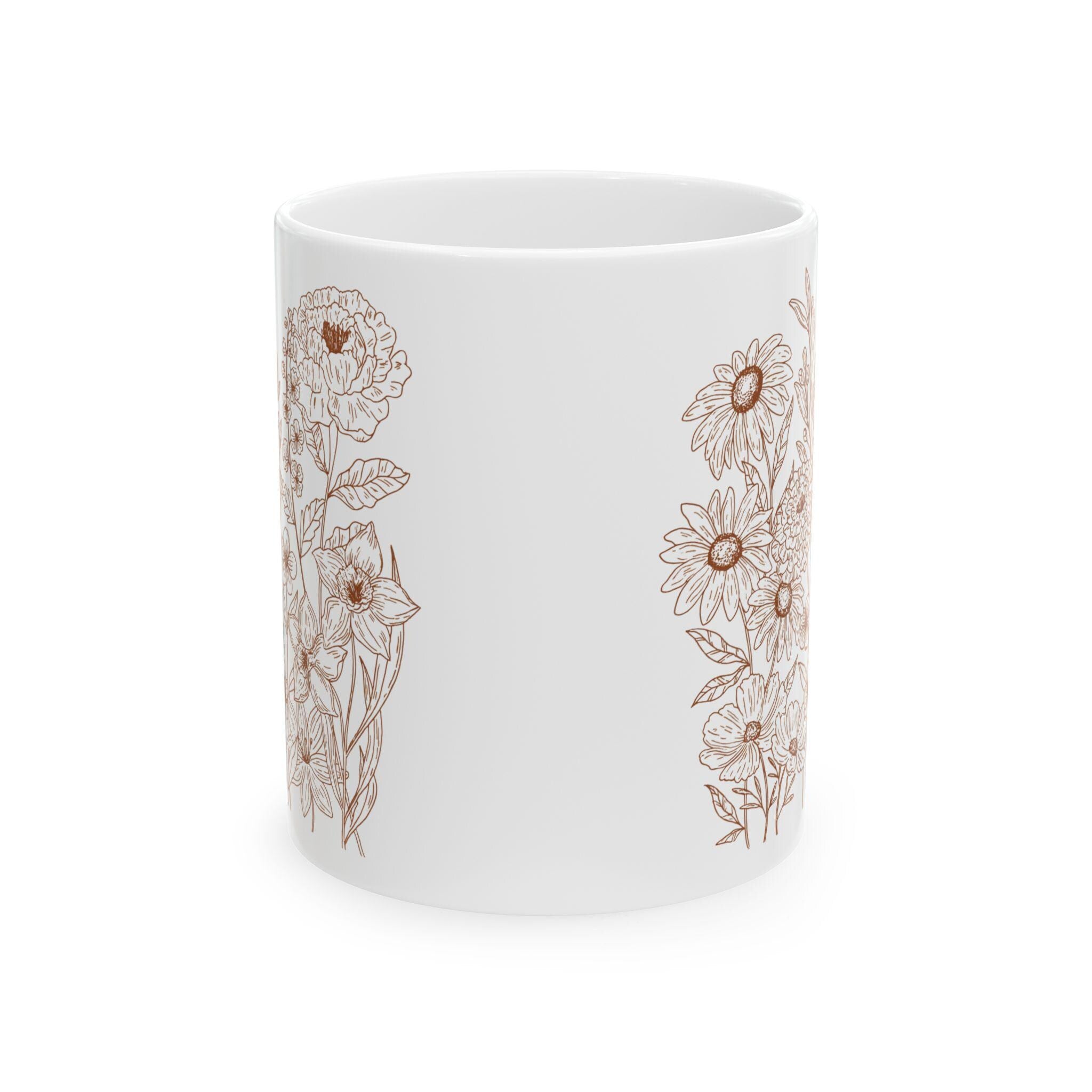 Floral Design Ceramic Mug, Botanical Coffee Cup, Gift for Her, Tea Lovers Mug, Flower Motif Drinkware
