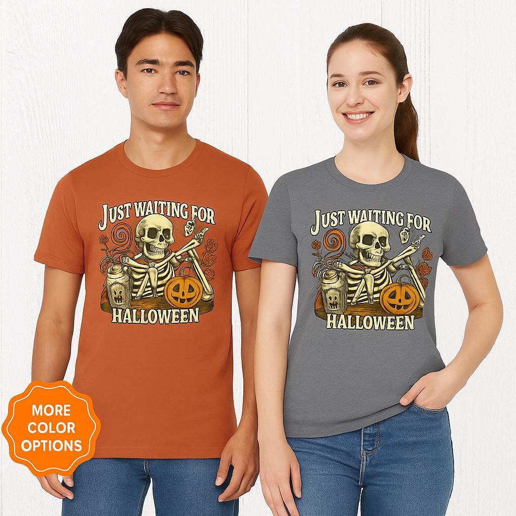 Just Waiting for Halloween | Retro Pumpkin & Skeleton | Bella Canvas Cotton Unisex Tee