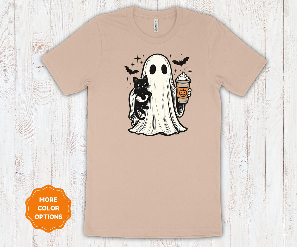 Ghost Cat Coffee Halloween Shirt | Cotton Spooky Graphic Tee