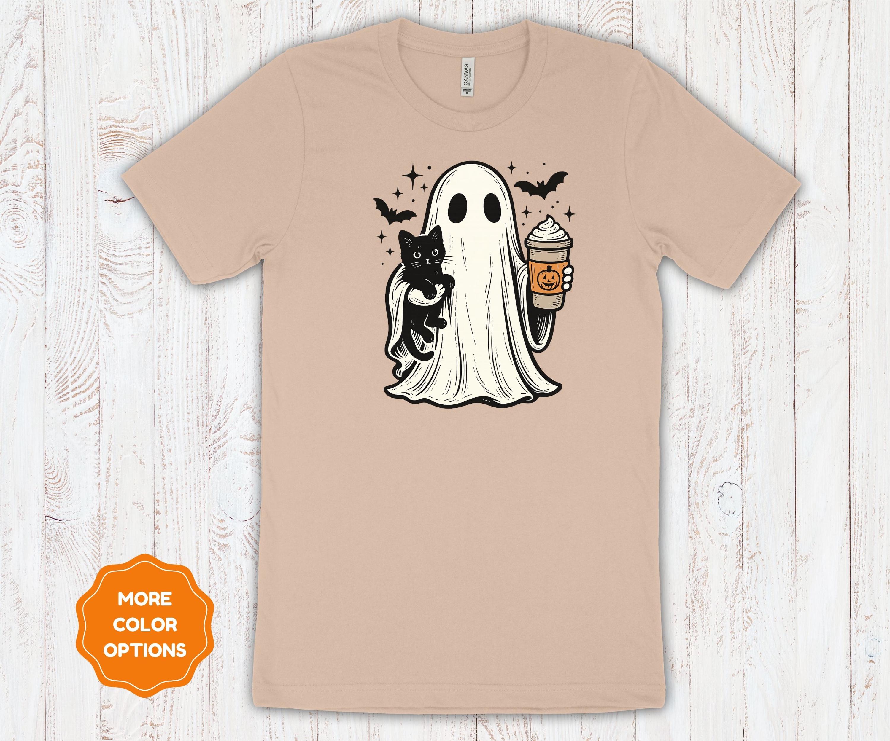 Ghost Cat Coffee Halloween Shirt | Cotton Spooky Graphic Tee