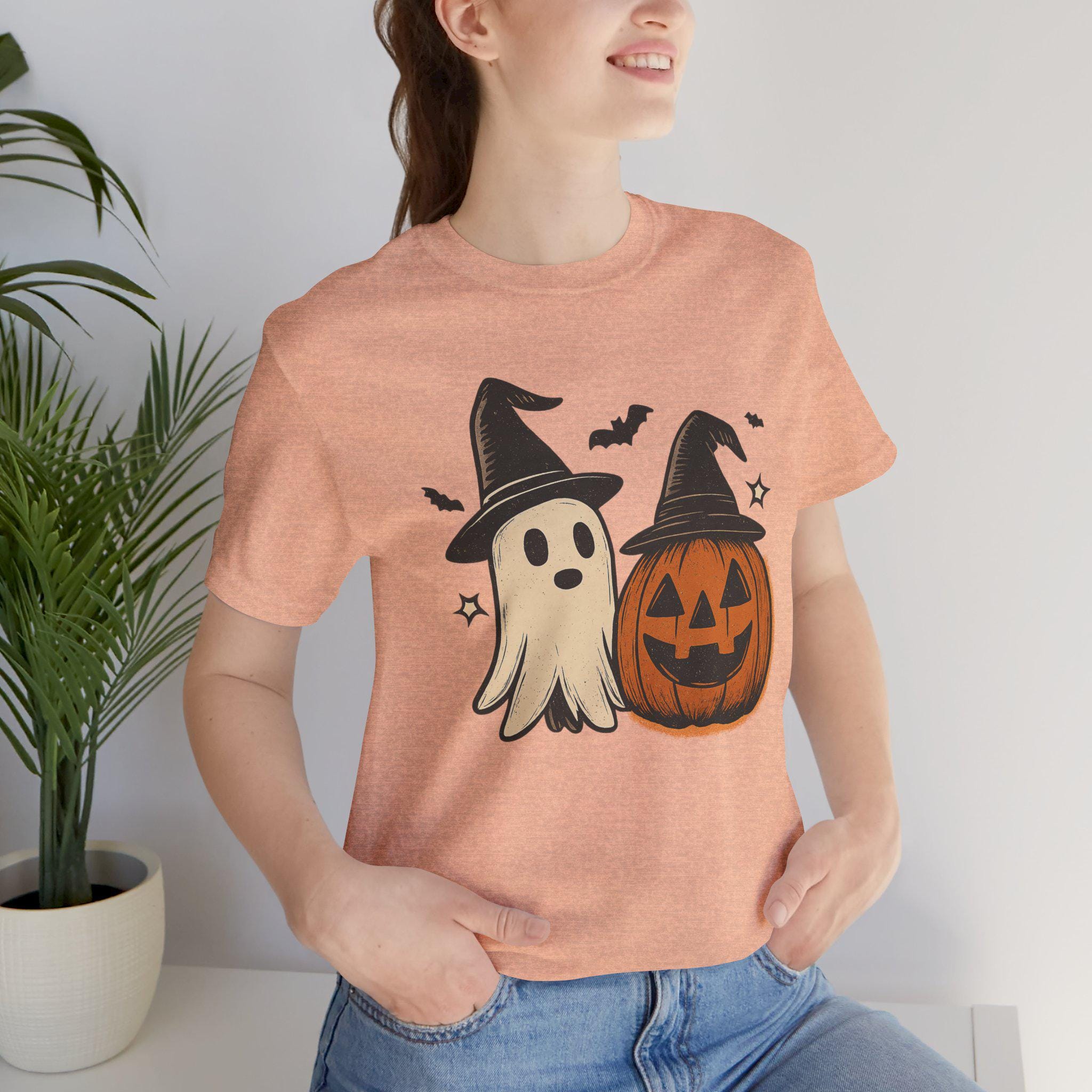 Ghost And Pumpkin Halloween T-Shirt   Vintage Distressed Witch Hat Graphic Tee   Spooky Fall Shirt for Halloween Party