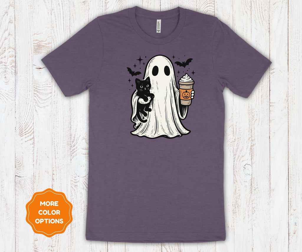 Ghost Cat Coffee Halloween Shirt | Cotton Spooky Graphic Tee