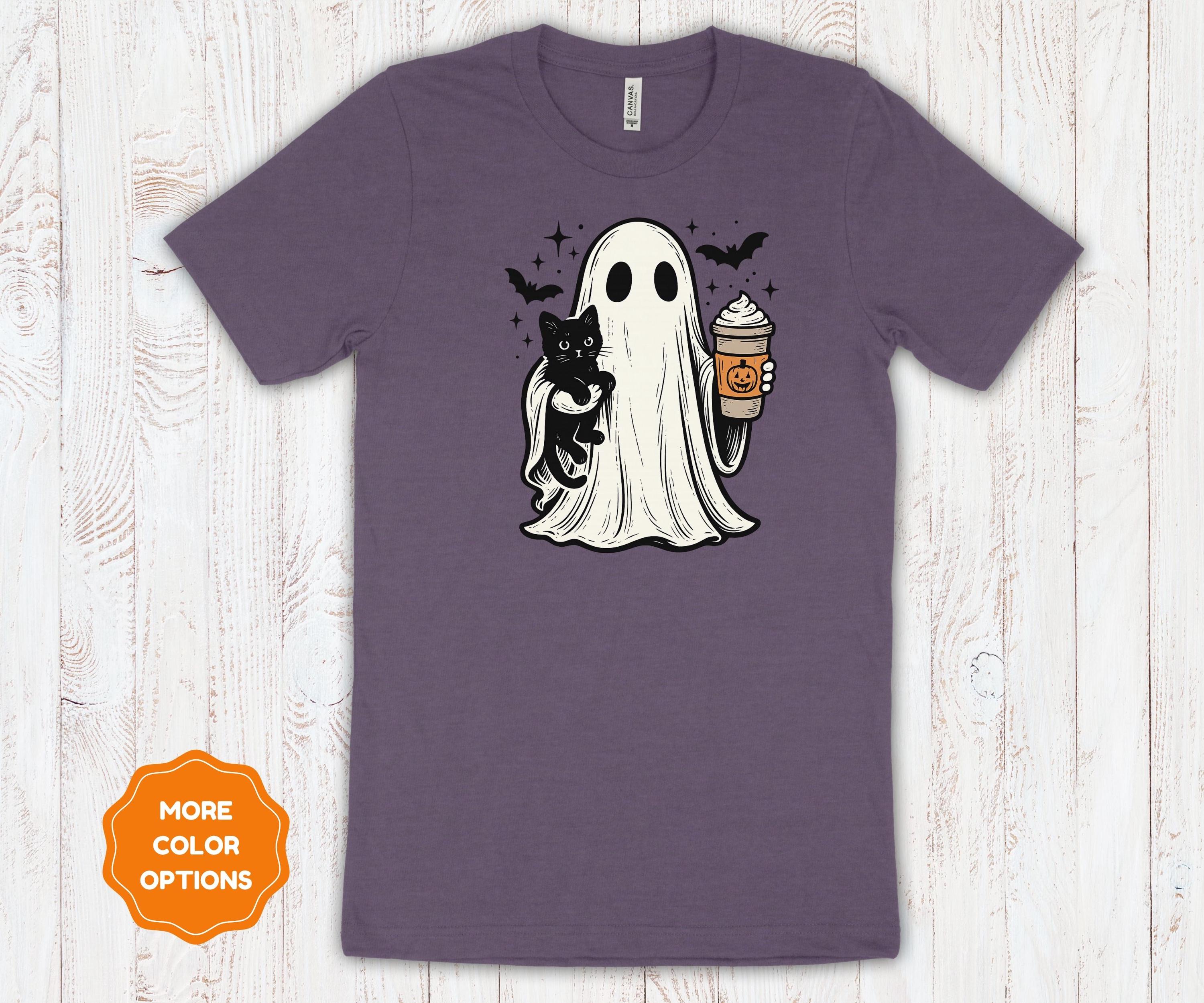 Ghost Cat Coffee Halloween Shirt | Cotton Spooky Graphic Tee