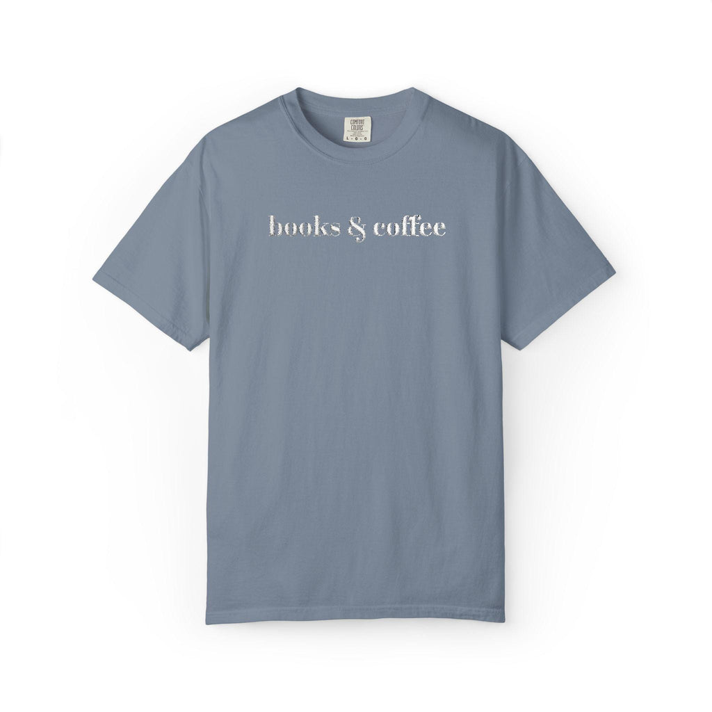 Books & Coffee Embroidered Comfort Colors 1717 Tee | Cozy Reader Gift Shirt
