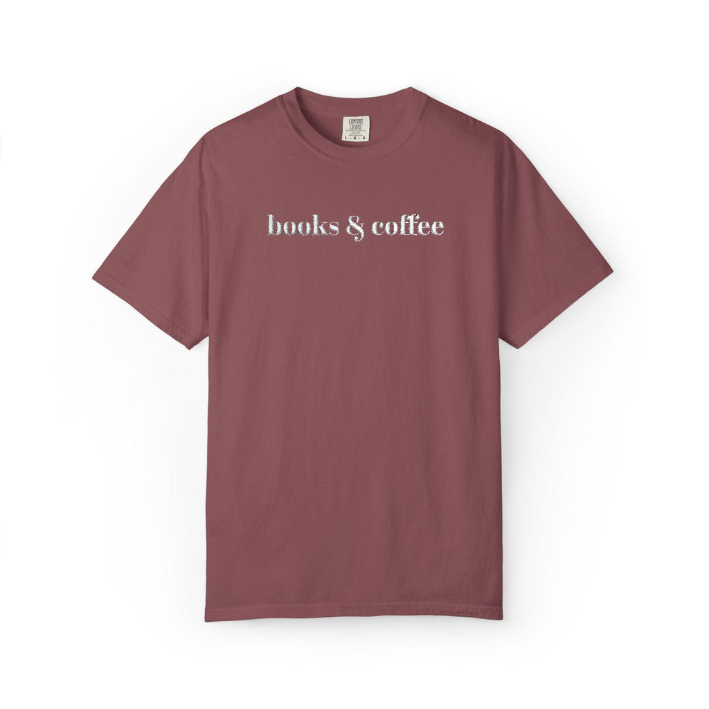 Books & Coffee Embroidered Comfort Colors 1717 Tee | Cozy Reader Gift Shirt